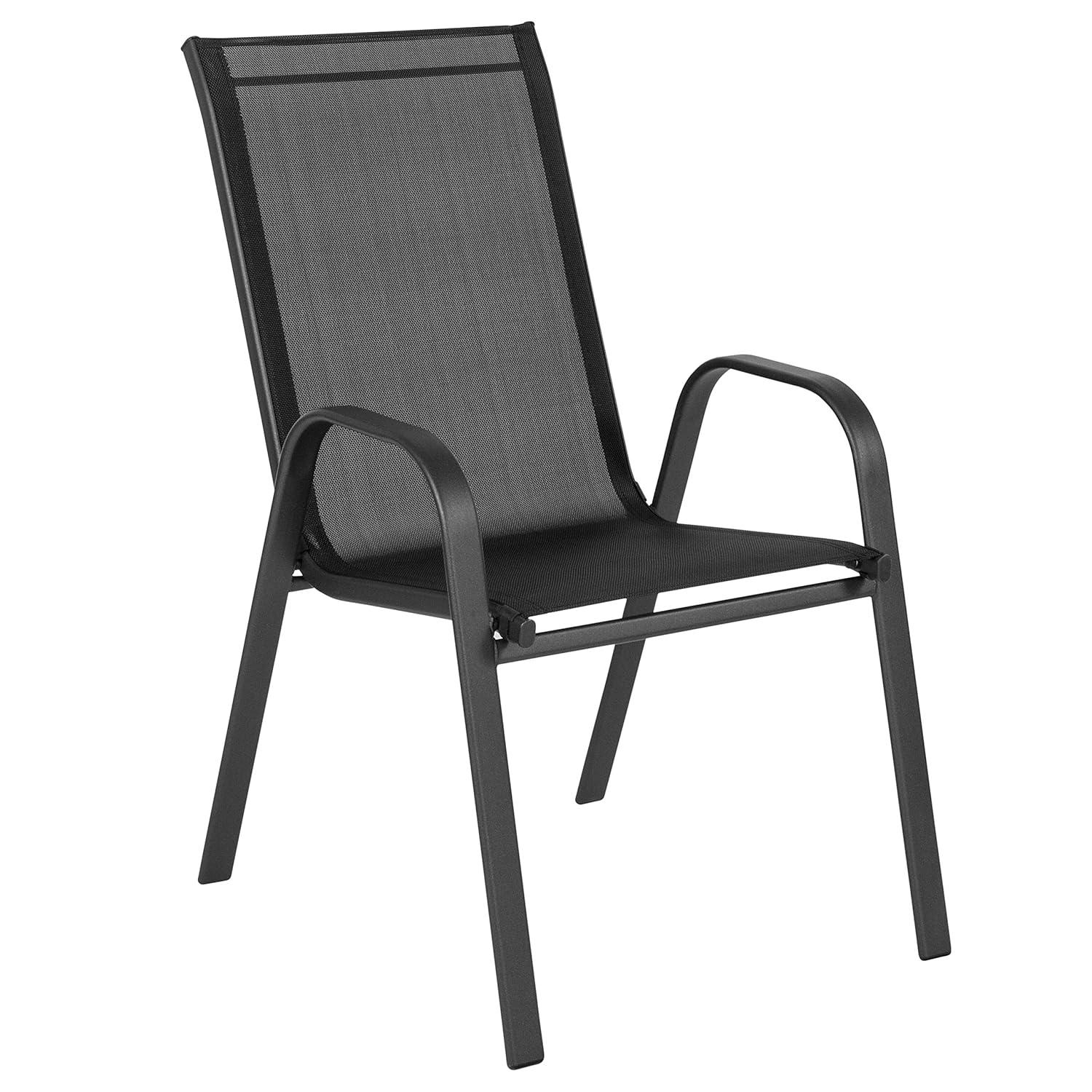 Flash Furniture 4 Pack Brazos Series Black Outdoor Stack Chair with Flex Comfort Material and Metal Frame