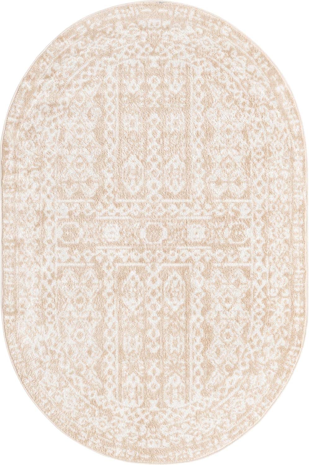 Beige/Ivory Oval Floral Synthetic 4' x 6' Easy-Care Rug