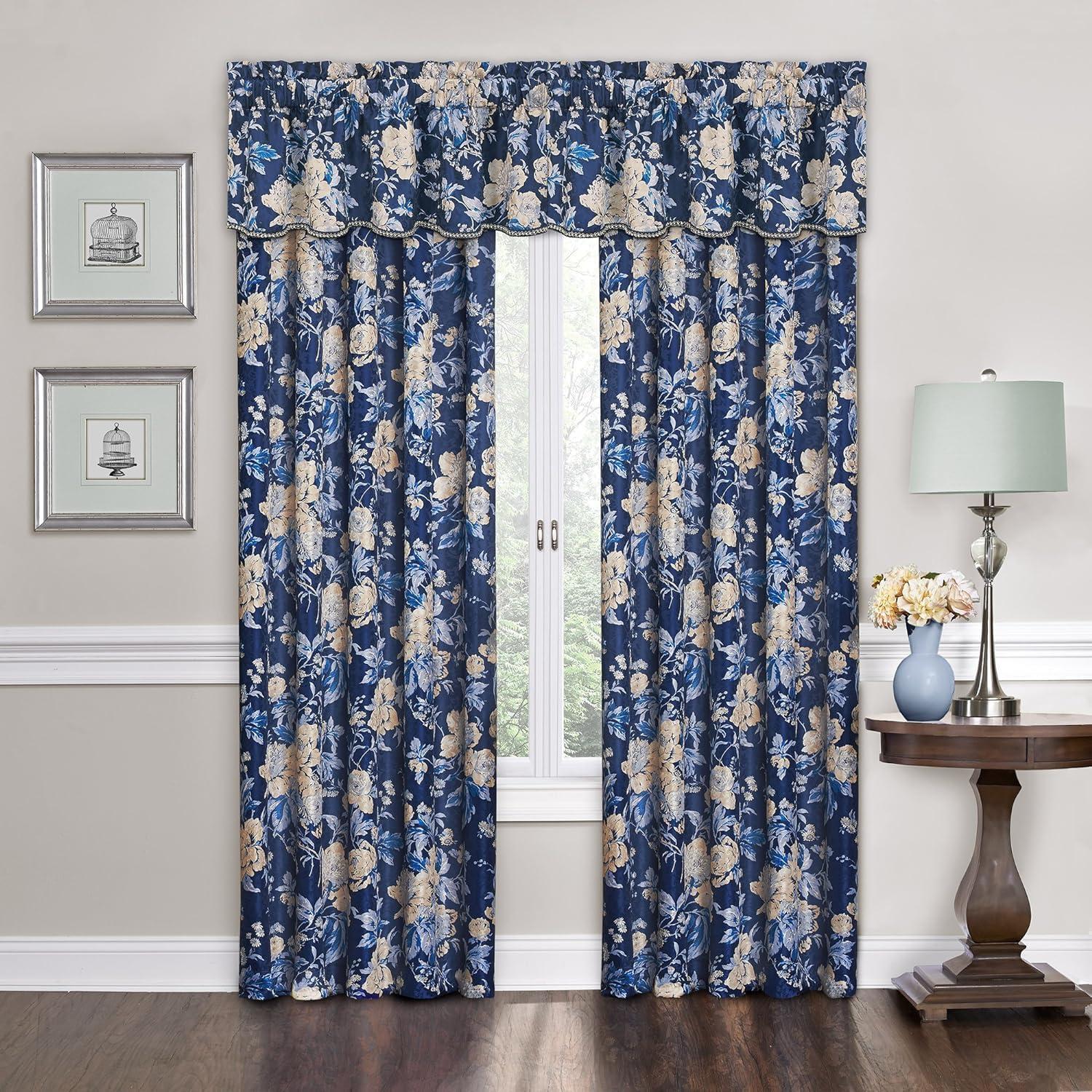 Elegant Indigo & Beige Floral Damask Jacquard Window Valance, 52" x 84"