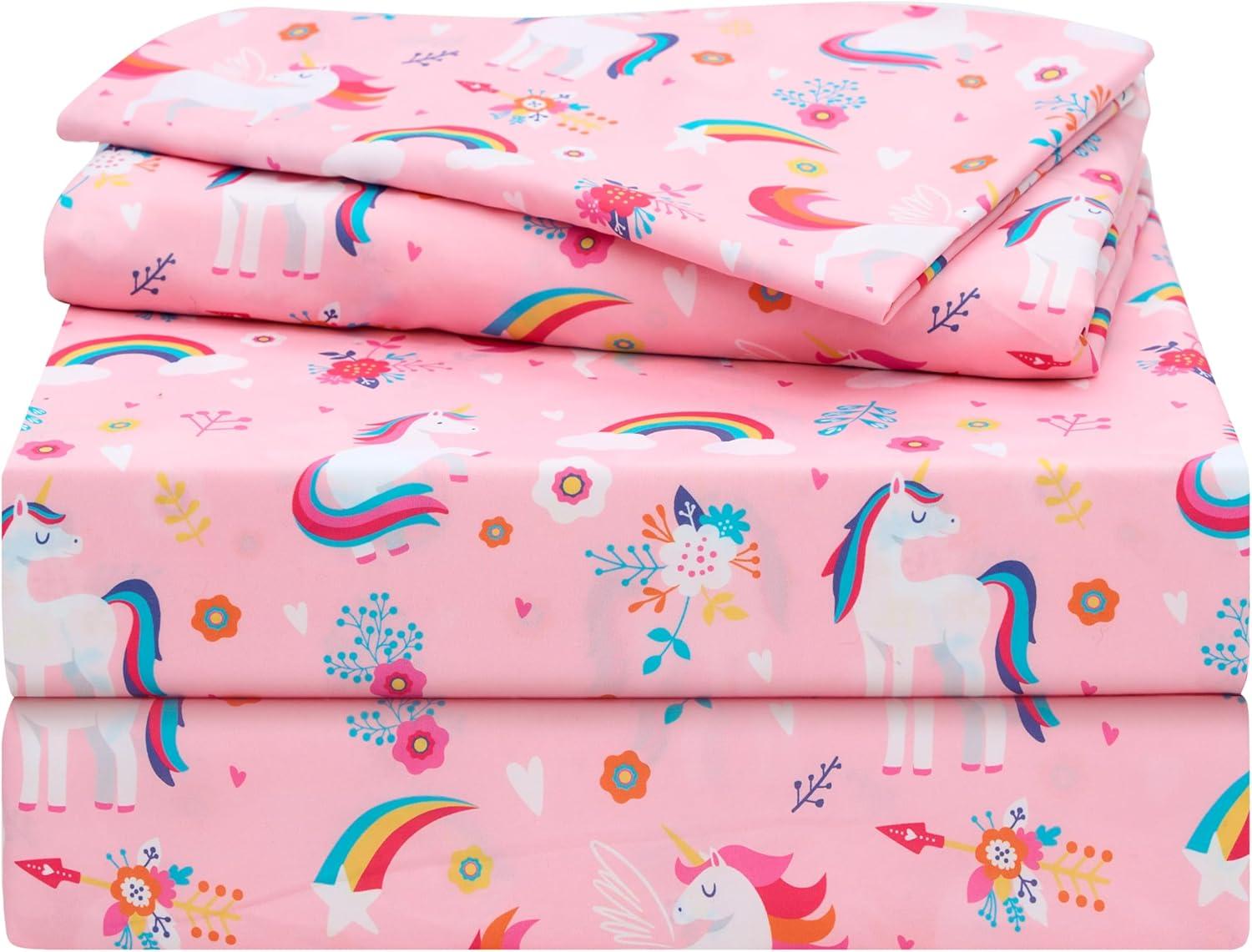 Pink Unicorn and Rainbow Microfiber Kids Full Sheet Set