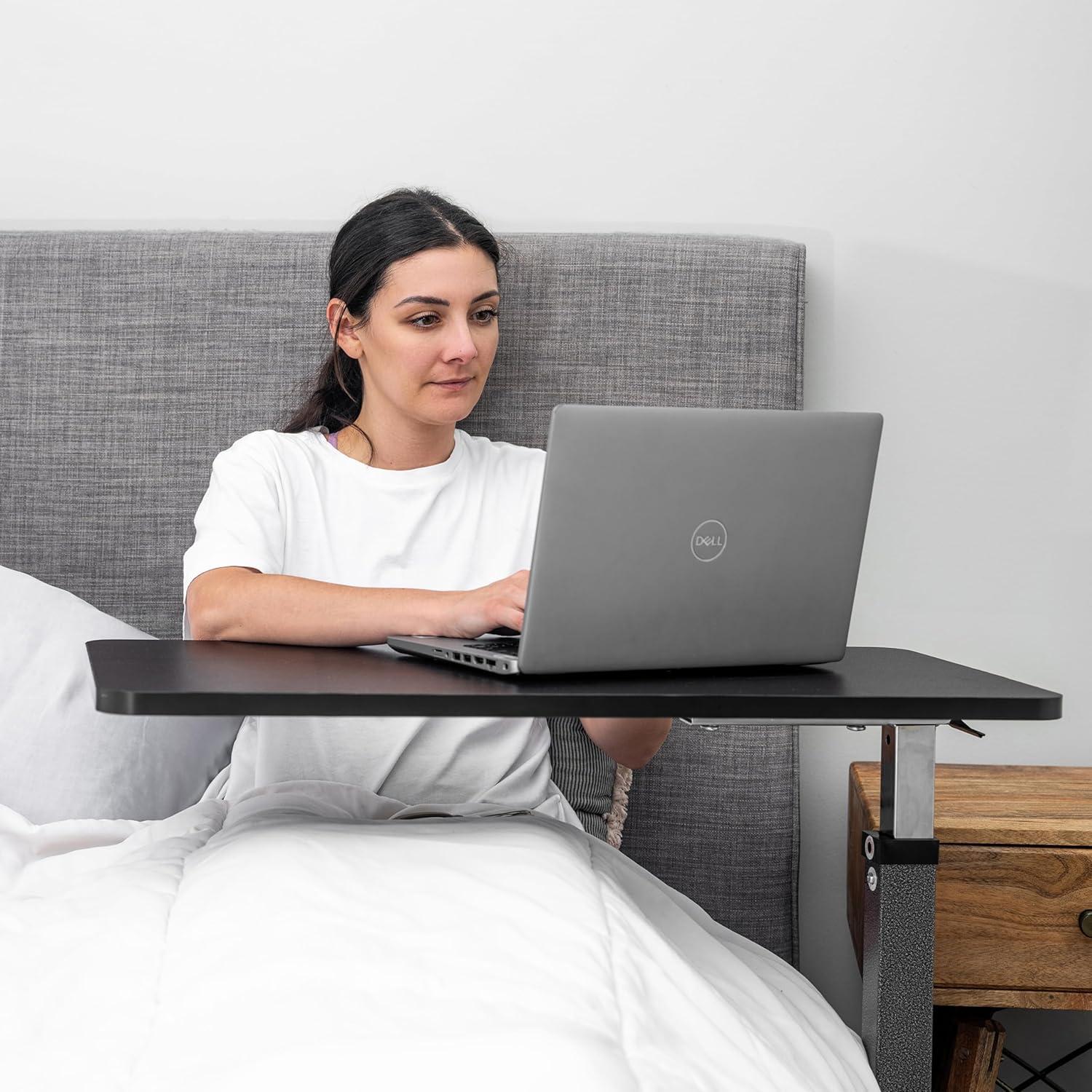 Carex Overbed Table with Adjustable Tray for Laptop, Portable with Wheels, For Home Use, Brown