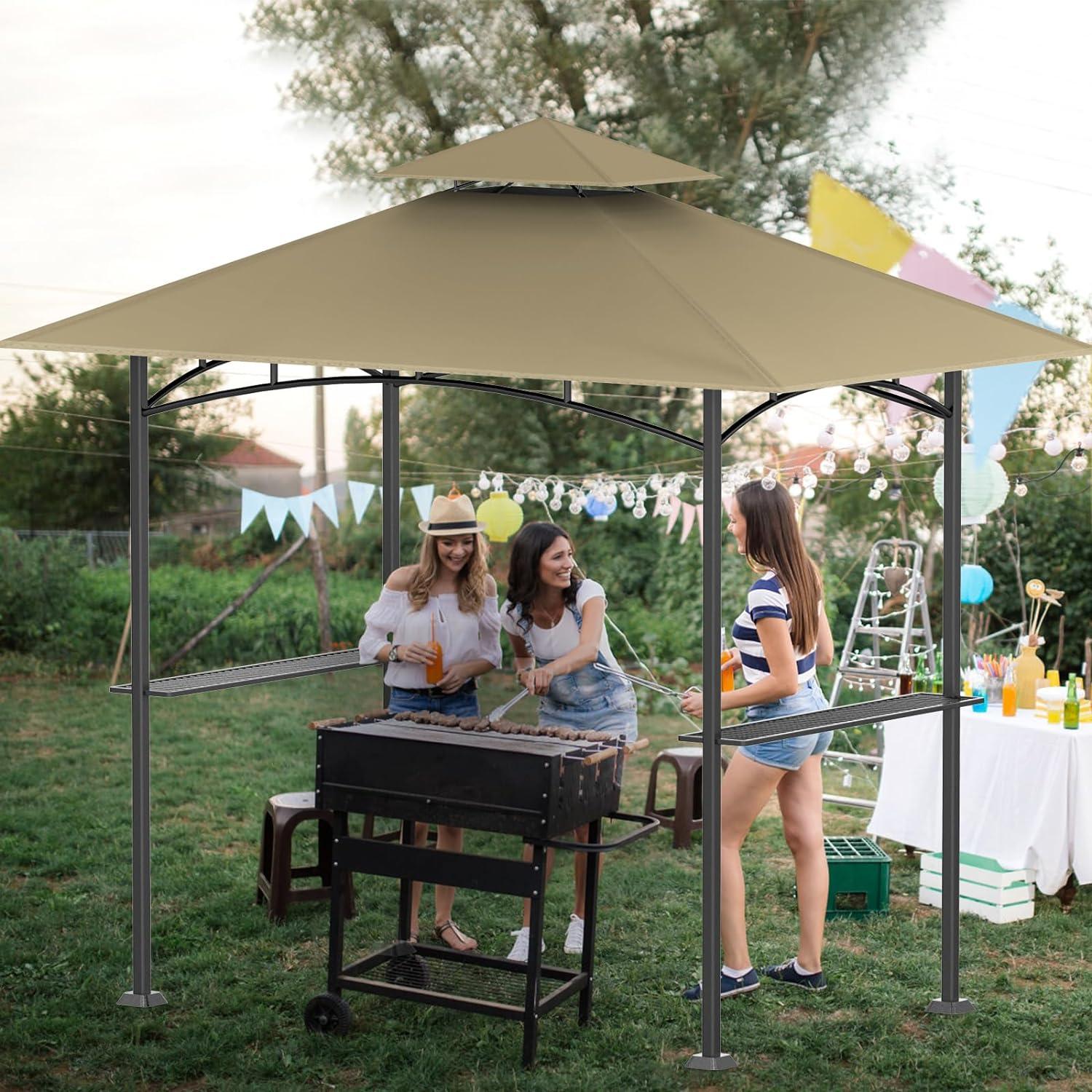 Khaki Polyester Double Tiered Grill Gazebo Canopy Top