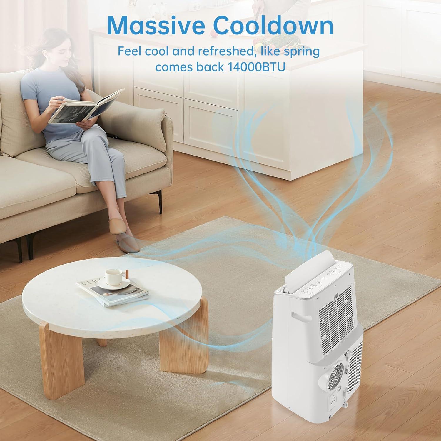Homhougo 14,000 BTU Portable Air Conditioner, 4-in-1 Cooling, Dehumidifier, Fan & Sleep Modes, Cools Up to 750 Sq. Ft, Includes Window Kit & Remote Control, White