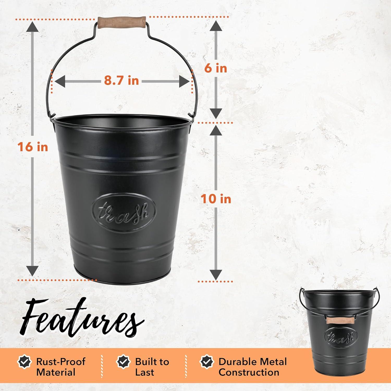 Matte Black Galvanized Metal Trash Can with Wooden Handle