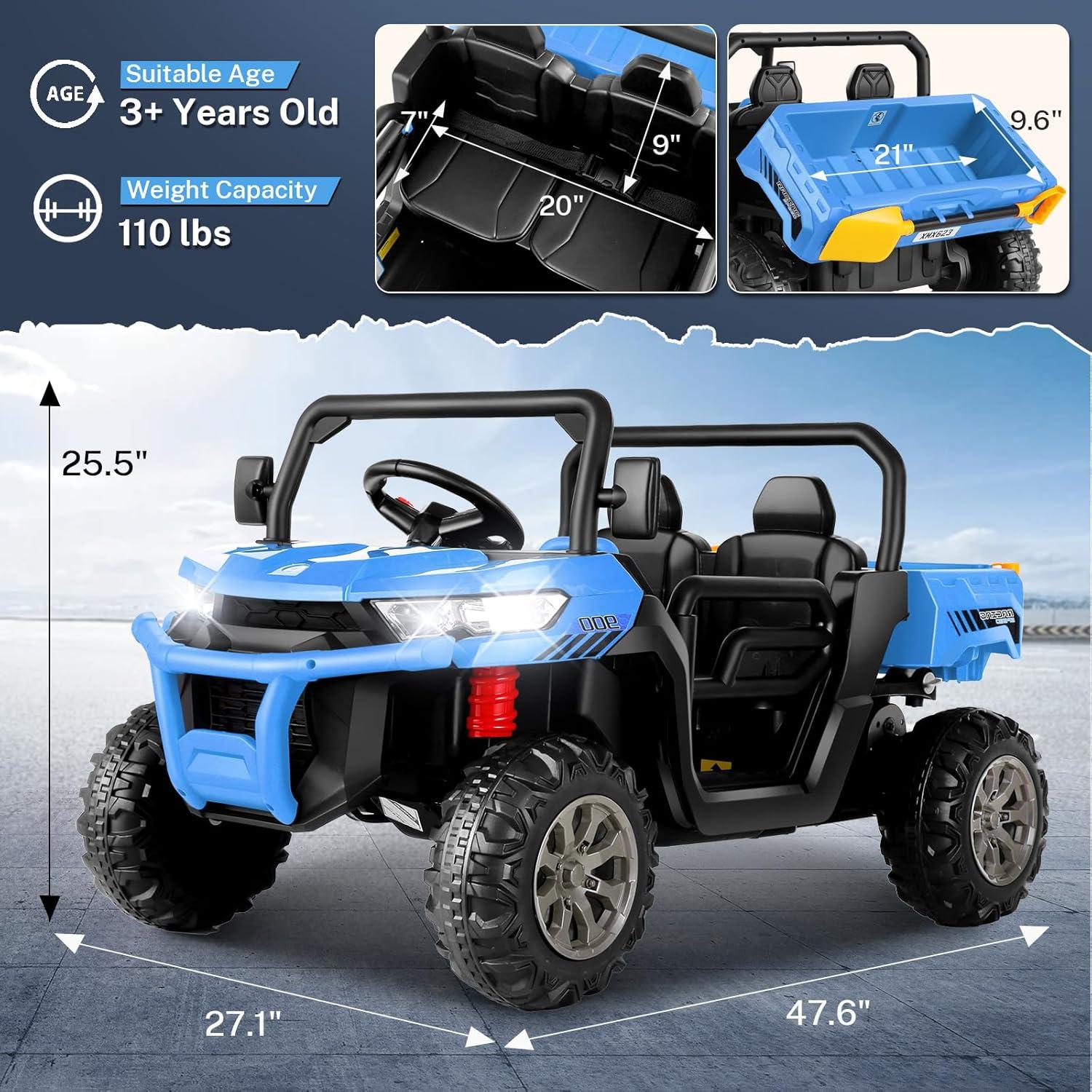 VIBESPARK 24 Volt Ride on Toys with Dump Bed, 2-Seater Ride on Dump Truck, 2×200W Electric Car for Kids Ride on UTV w/ Remote Control, Shovel, Bluetooth, Music, LED Light, 5MPH, Blue