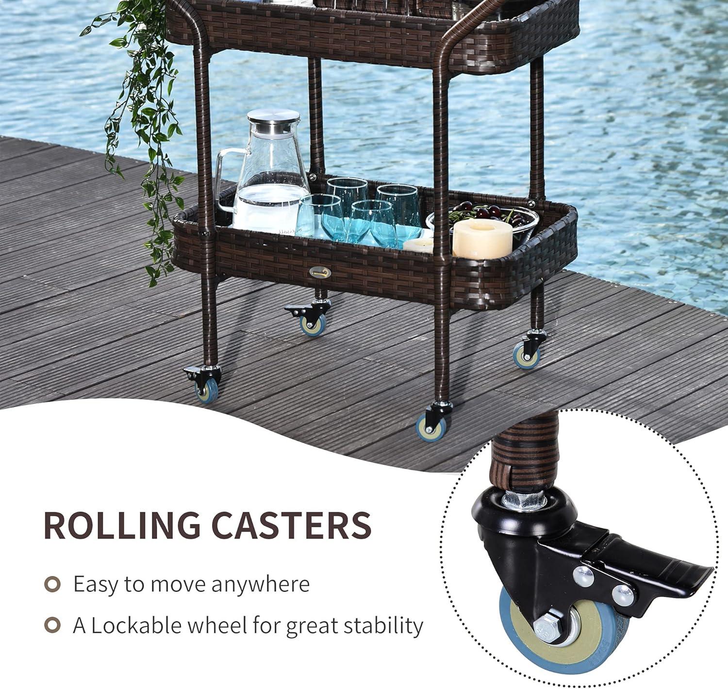 Outsunny Rattan Wicker Serving Cart with 2-Tier Open Shelf, Outdoor Wheeled Bar Cart with Brakes for Poolside, Garden, Patio