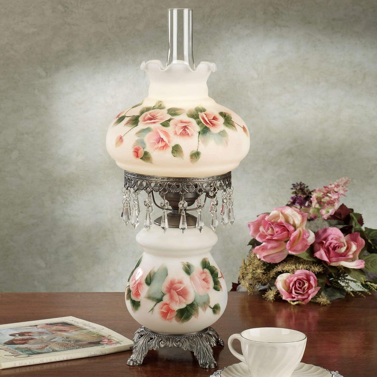 Adelaide Hurricane Table Lamp with Handpainted Pink Roses on Scalloped Glass Shade and Faux Crystal Beads 24 Inches High