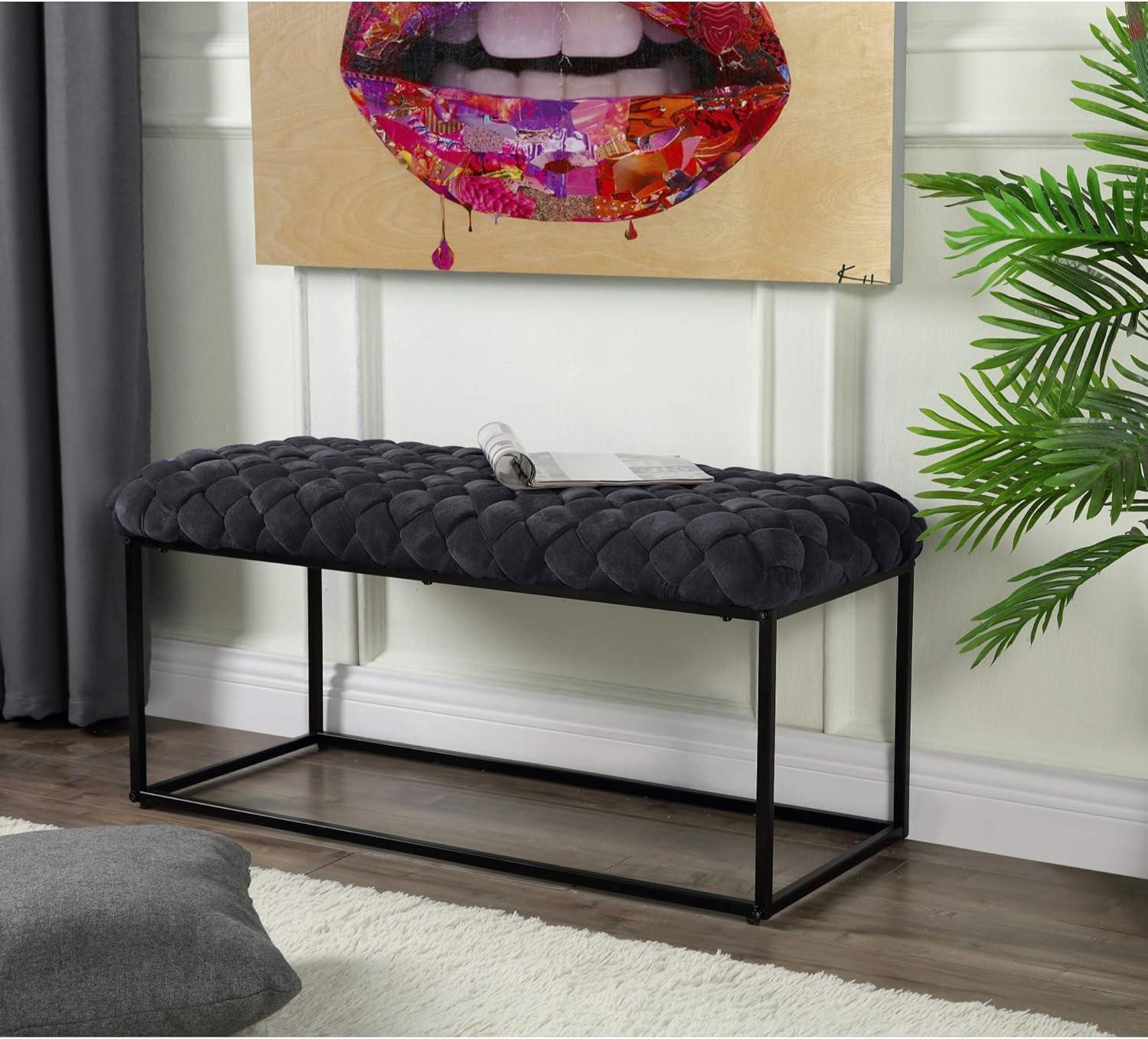 Loft Lyfe Lilah Black Velvet Bench - Upholstered, Hand Woven, Foam Filled