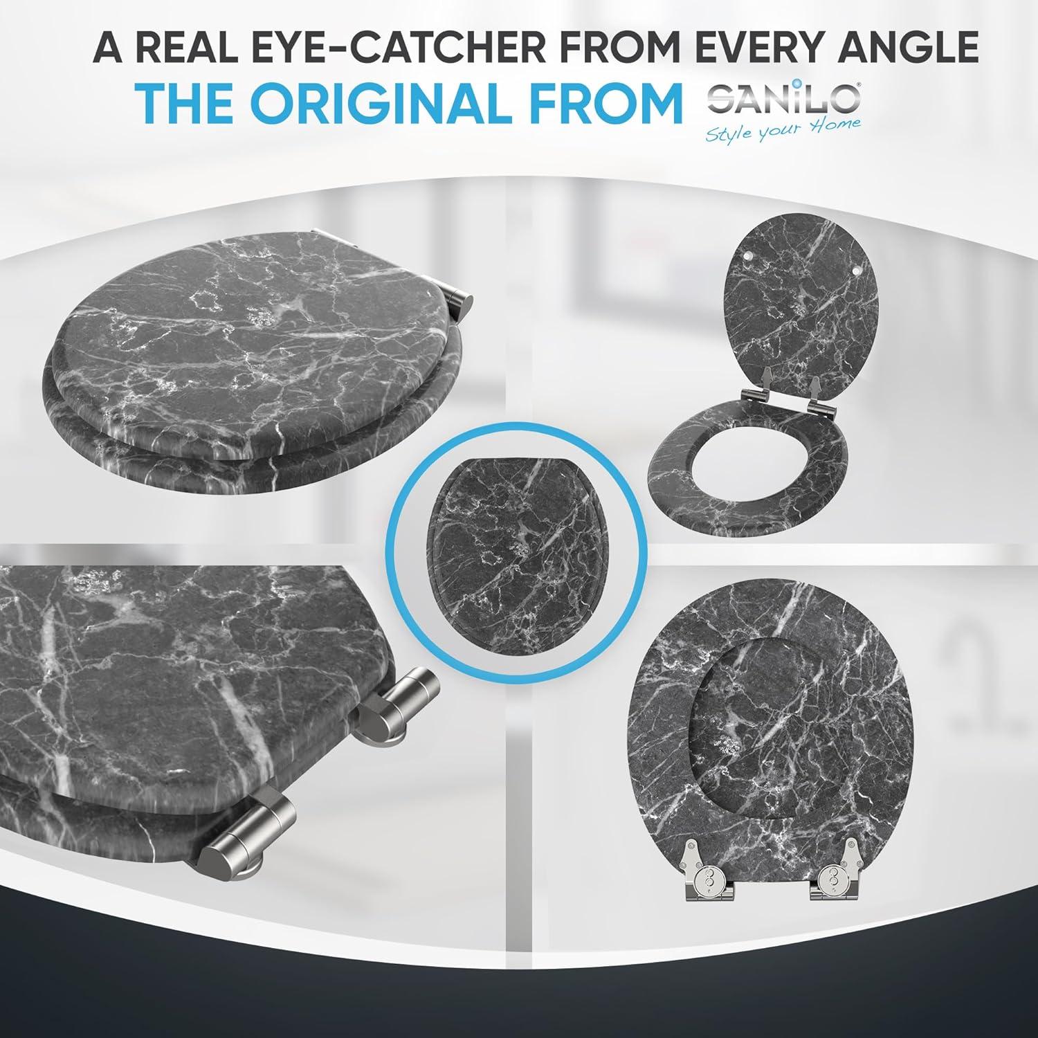 Sanilo Toilet Seat ROUND with Soft Close, Quiet and Slow Close Lid and Seat, Strong Bumpers and Hinges, Marble Gray