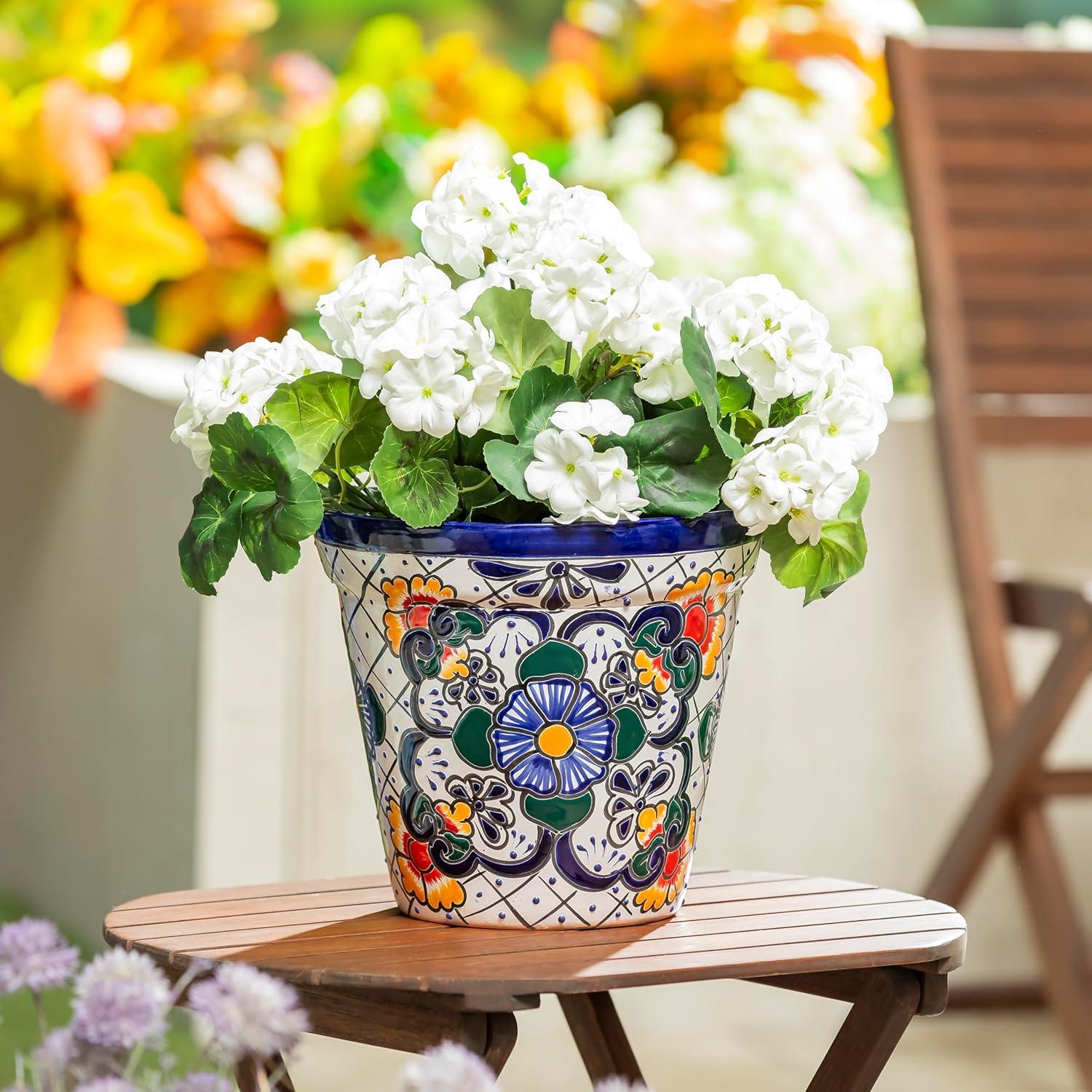 Evergreen Garden Talavera Mexican Pottery Ceramic Floral Classic Top Pot Planter | Flower Pot Plant Succulent | Indoor Outdoor (10 inch)