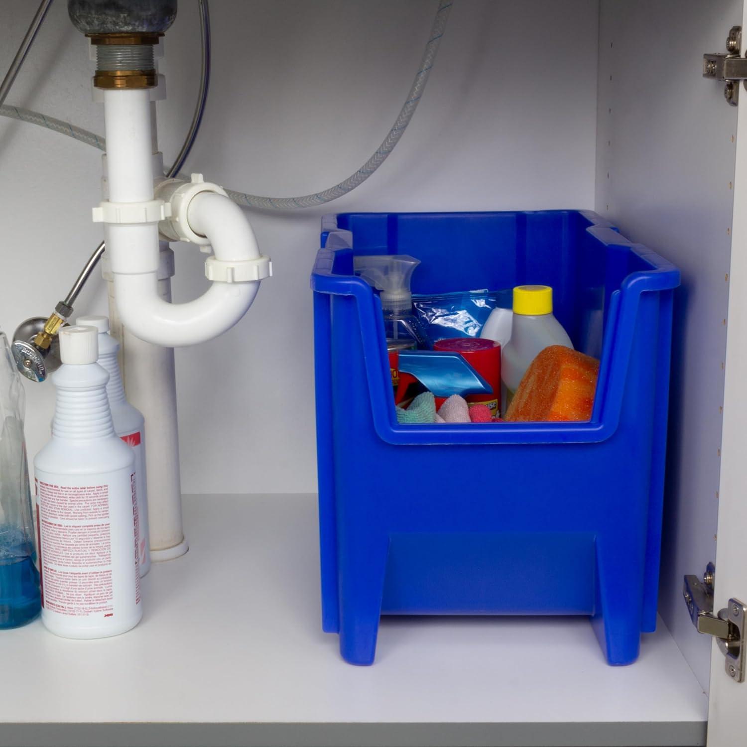 Akro-Mils Stak-N-Store 13014 Large Storage Bins Stackable Heavy Duty Containers, 17.5"x11"x12.5", Blue, 4-Pack