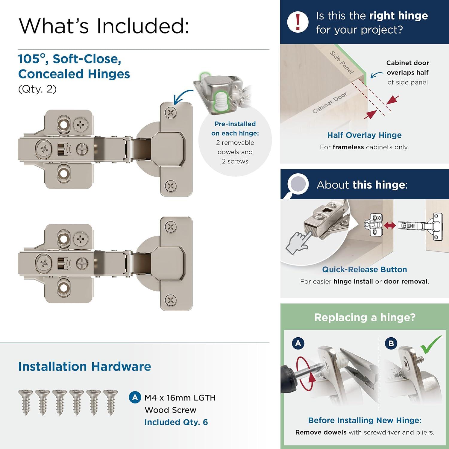 Half Overlay Frameless Soft Close Euro Concealed Cabinet Hinge - 1 Pair