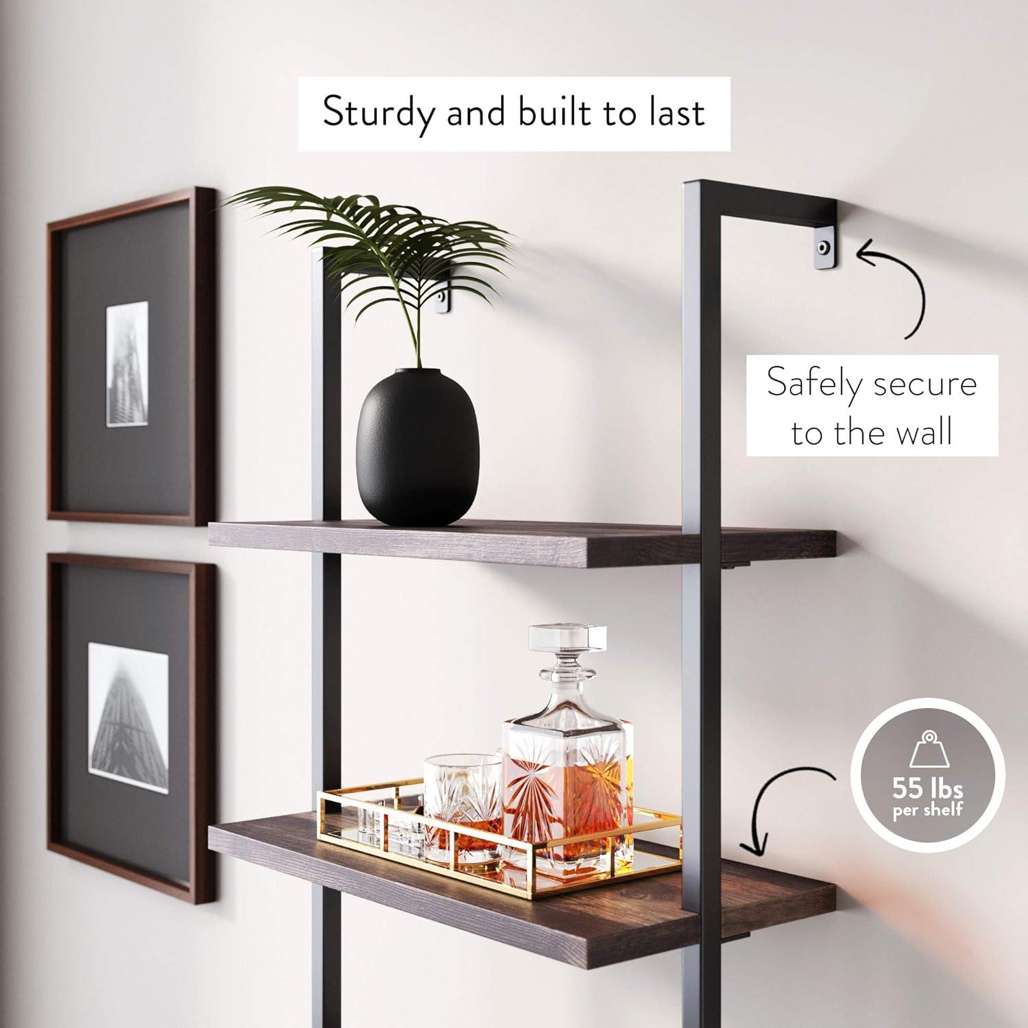 Nutmeg & Black Wood Ladder Bookshelf with Easy-Glide Drawers