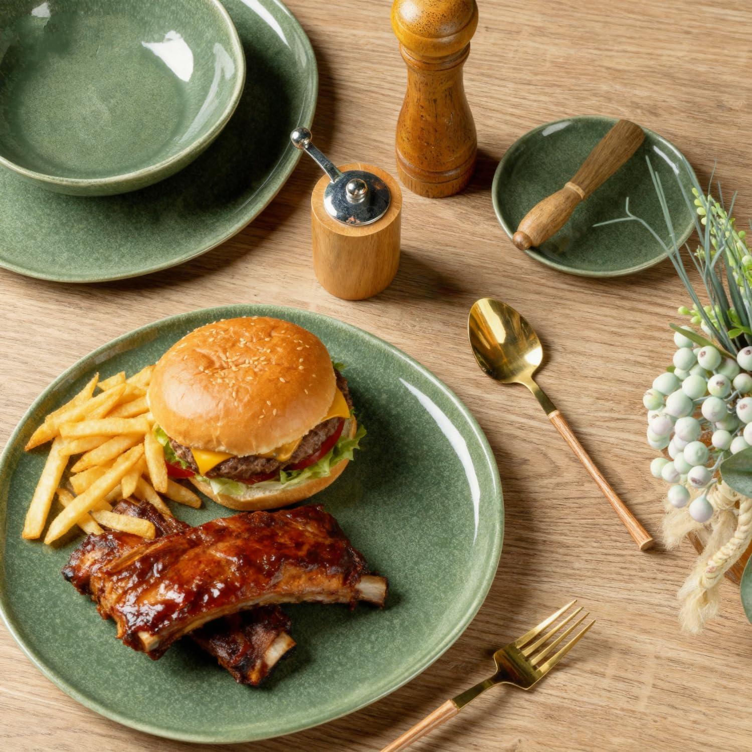 Olive Green and White Ceramic Dinnerware Set for 4