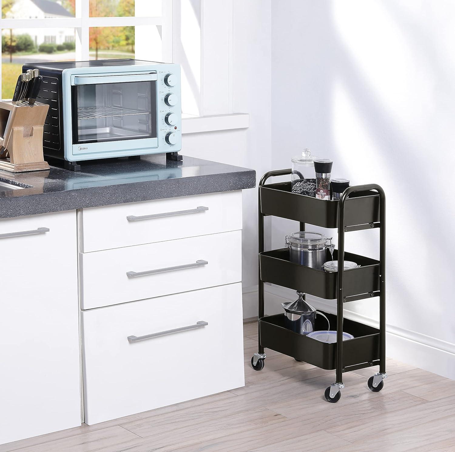 Black Metal 3-Tier Rolling Storage Cart with Caster Wheels