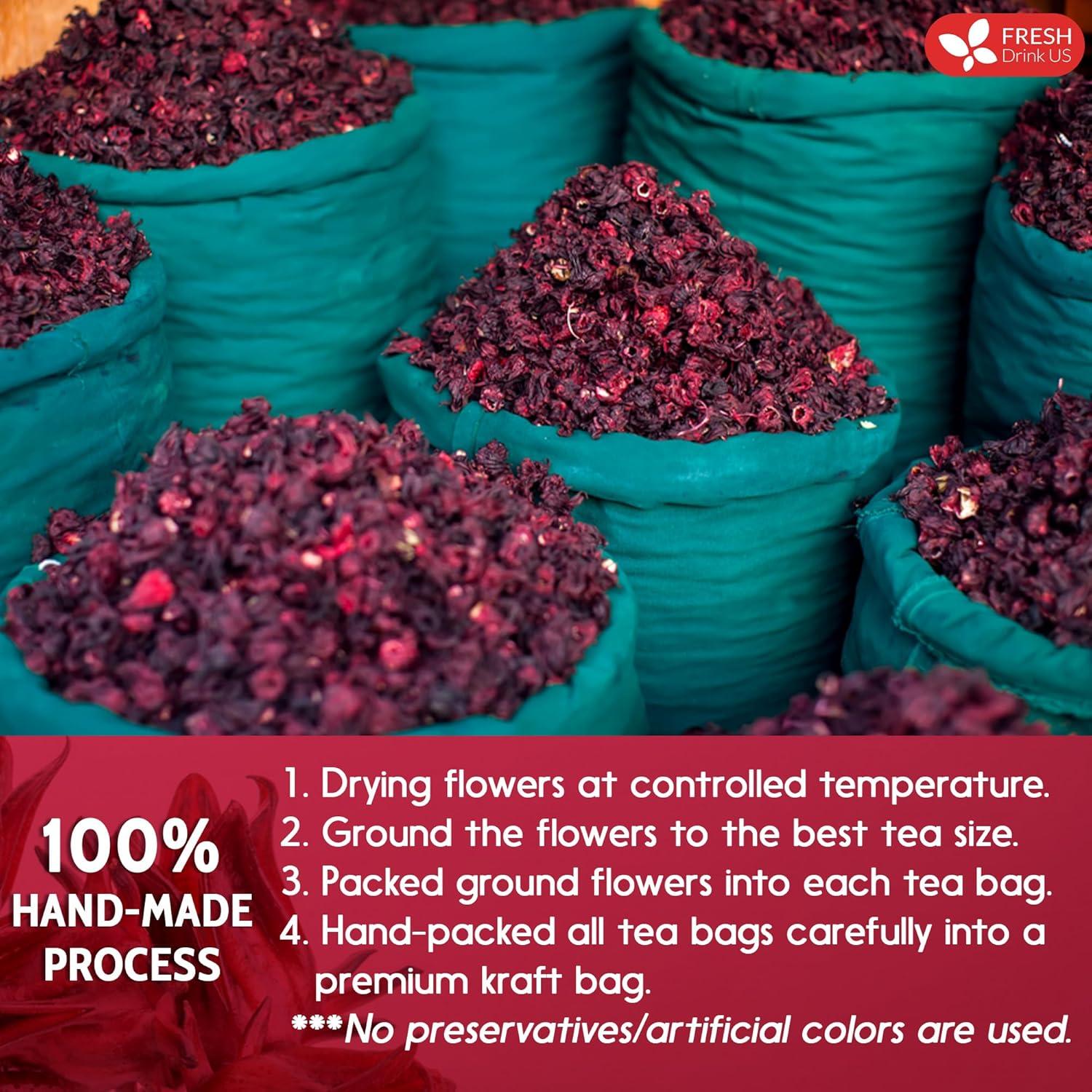 FreshDrinkUS, Premium 140 Hibiscus Flowers Tea Bags, 100% Natural, Handmade, Pure from Hibiscus Flowers. Loose Flower Hibiscus Herbal Tea. Hibiscus Flower Tea. No Sugar/Caffeine/Gluten, Vegan.