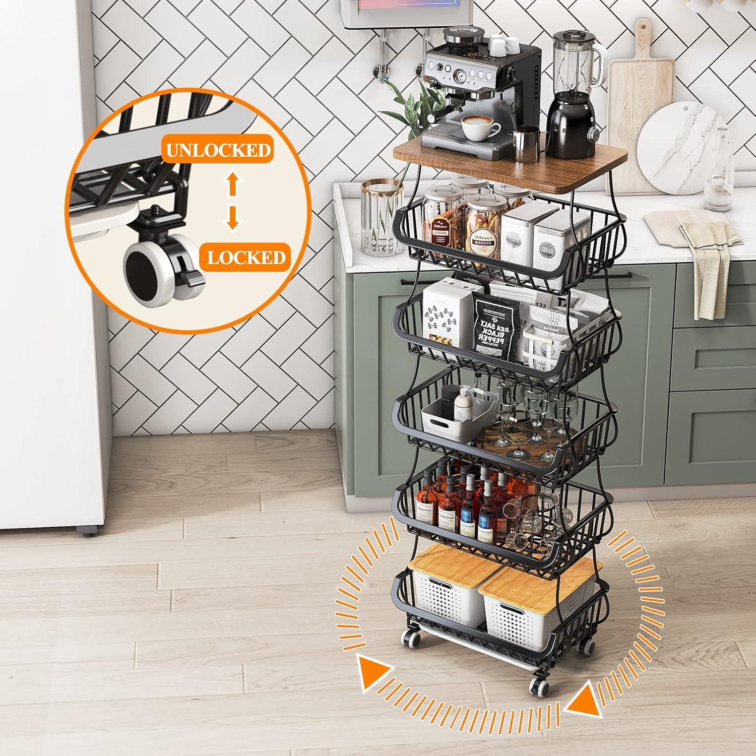 Wisdom Star 6 Tier Fruit Vegetable Basket for Kitchen with Wooden Tabletop, Storage Cart Vegetable Basket Bins for Onions and Potatoes, Wire Storage Basket Organizer Utility Cart with Wheels, Black