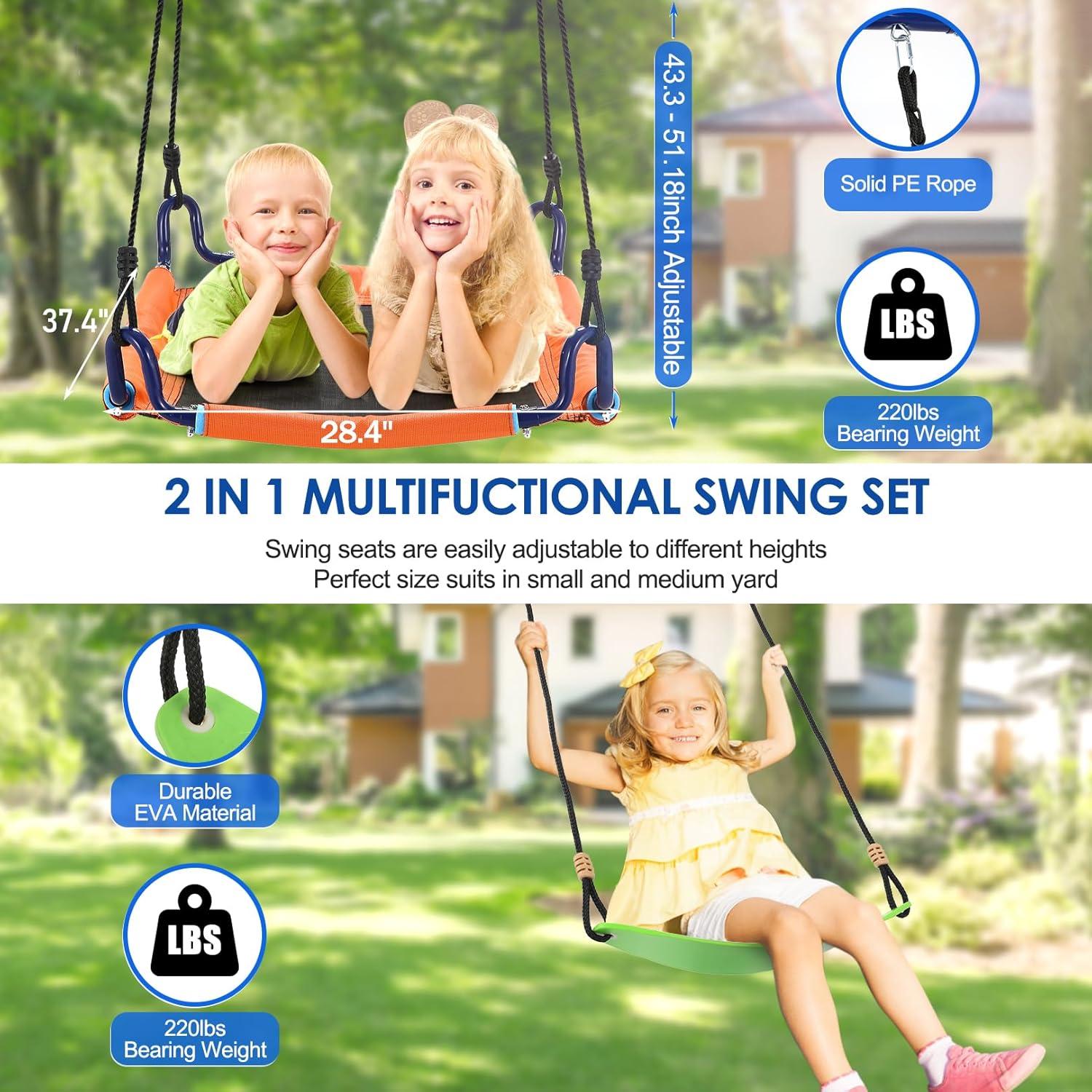 Metal Swing Sets for Backyard - 440 lbs Heavy Duty Swing Stand A-Frame Kids Outdoor Swing Adjustable Ropes Saucer Swing with Frame 2 Seats Playground Sets