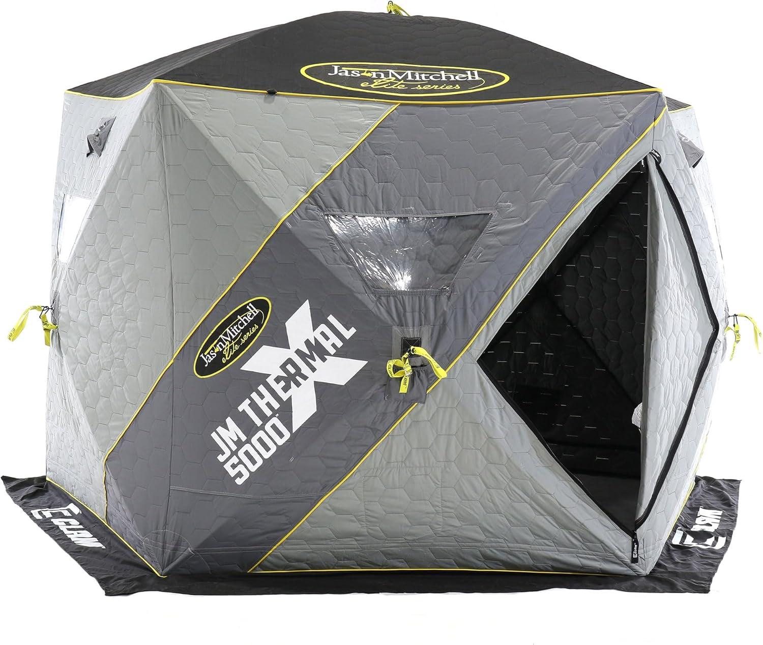 CLAM 14471 Portable 4 to 6 Person 9 Foot Jason Mitchell X5000 Ice Fishing Angler Thermal Hub Shelter Tent with Anchors, Tie Ropes, and Carrying Bag