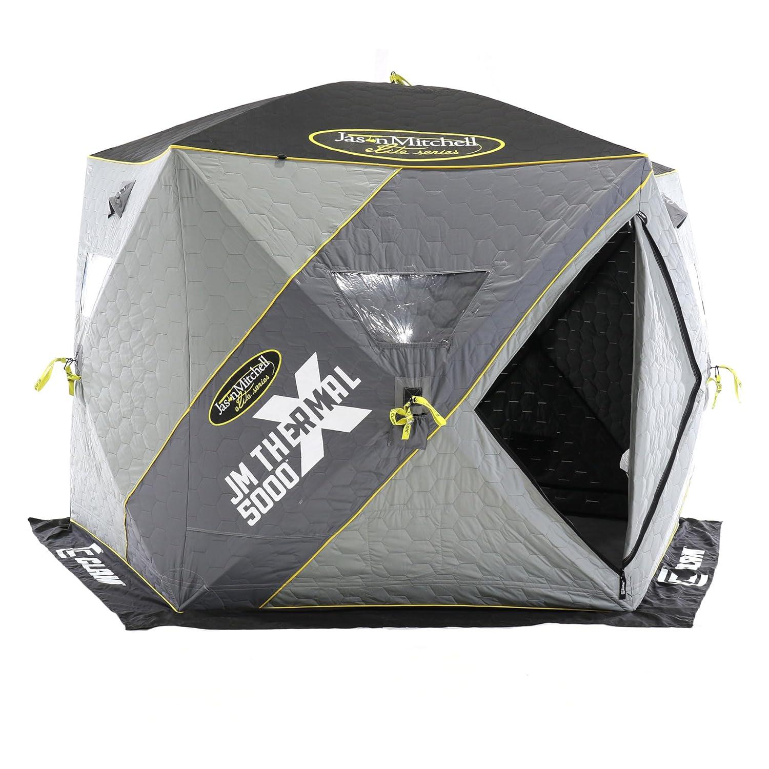 CLAM 14471 Portable 4 to 6 Person 9 Foot Jason Mitchell X5000 Ice Fishing Angler Thermal Hub Shelter Tent with Anchors, Tie Ropes, and Carrying Bag