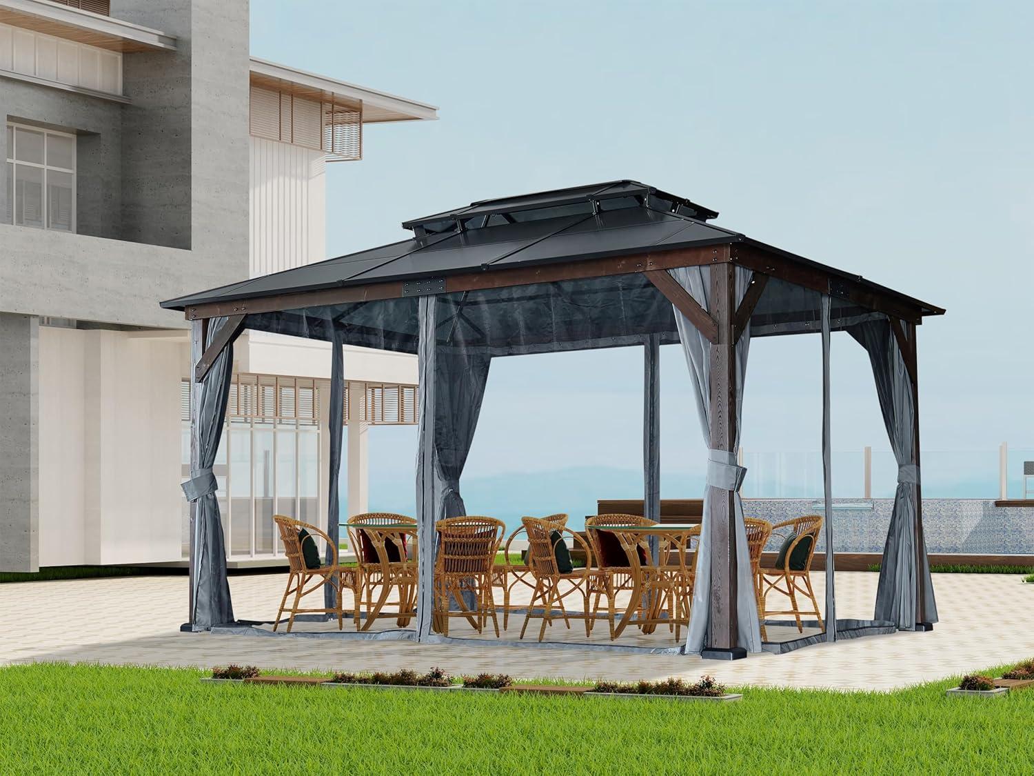 Large Brown and Black Solid Wood Gazebo with Polycarbonate Roof