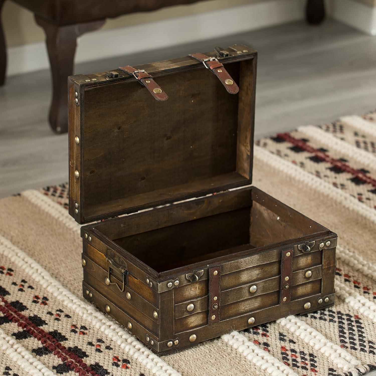 Vintiquewise Wooden Brown Storage Trunk with Faux Leather Straps and Handles