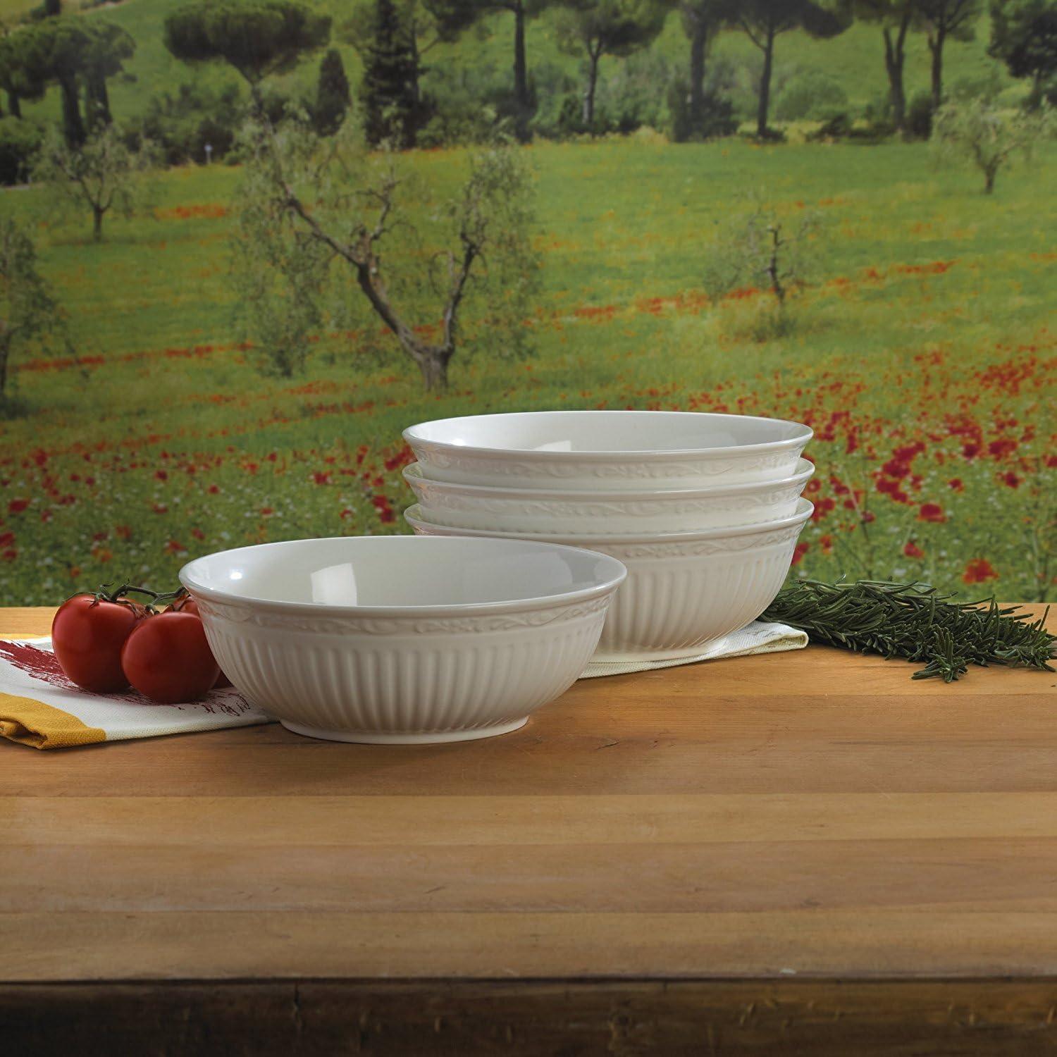 Italian Countryside White Stoneware Soup and Cereal Bowls, Set of 4