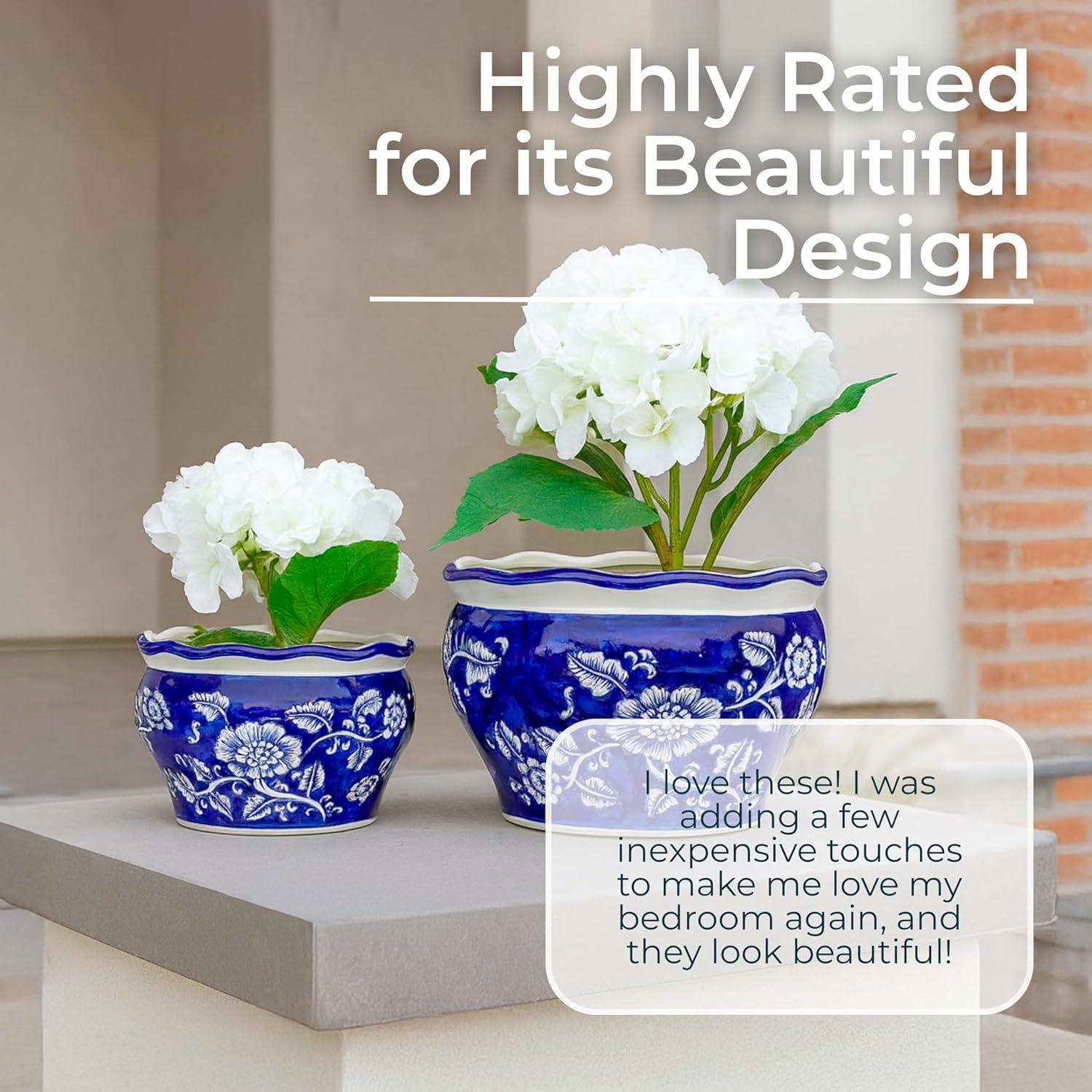 Sagebrook Home 2pc Chinoisere Ceramic Indoor Outdoor Planter Pots Blue/White: Hand-Painted, Rust-Resistant, No Assembly Required