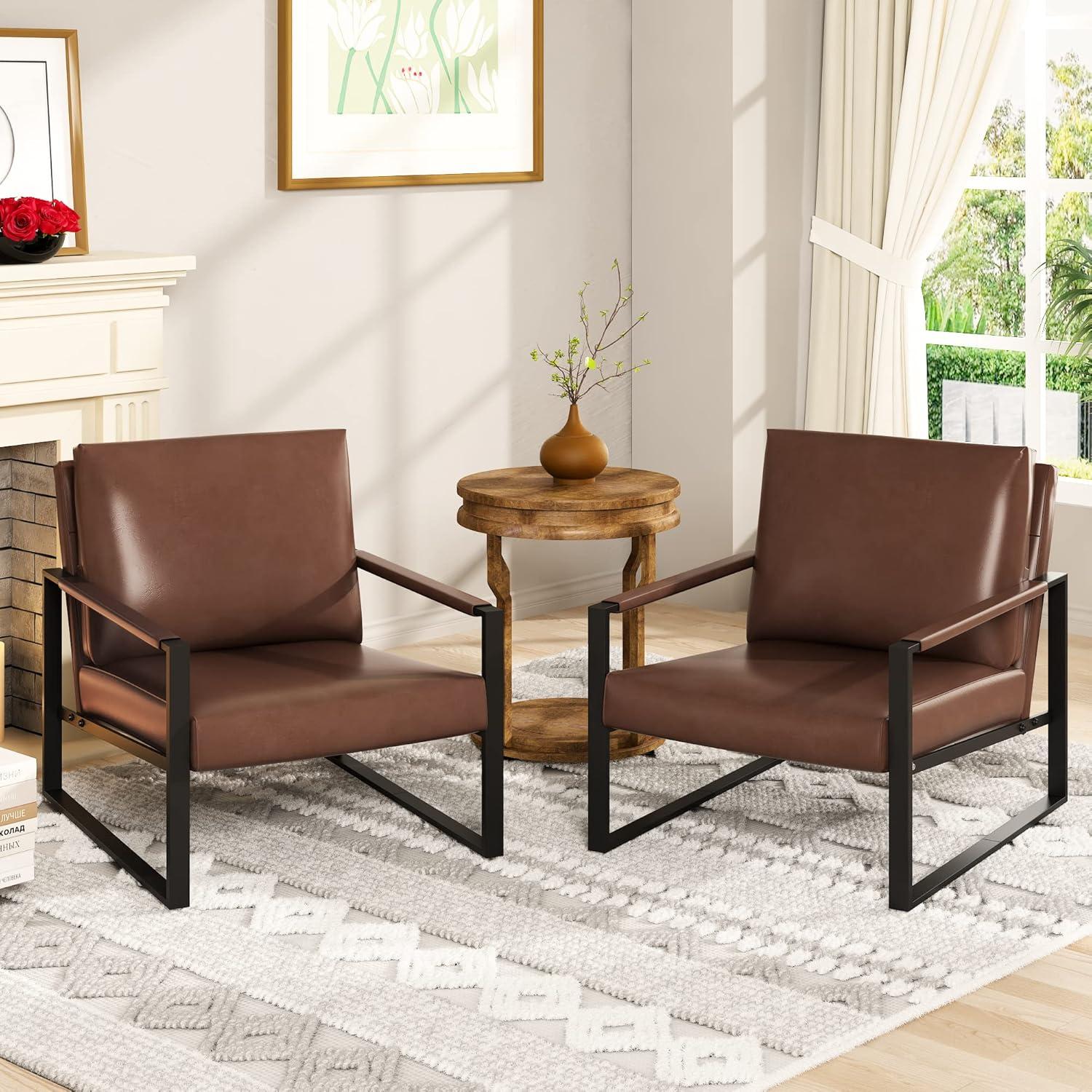 Modern Brown Leather Accent Chair with Metal Frame