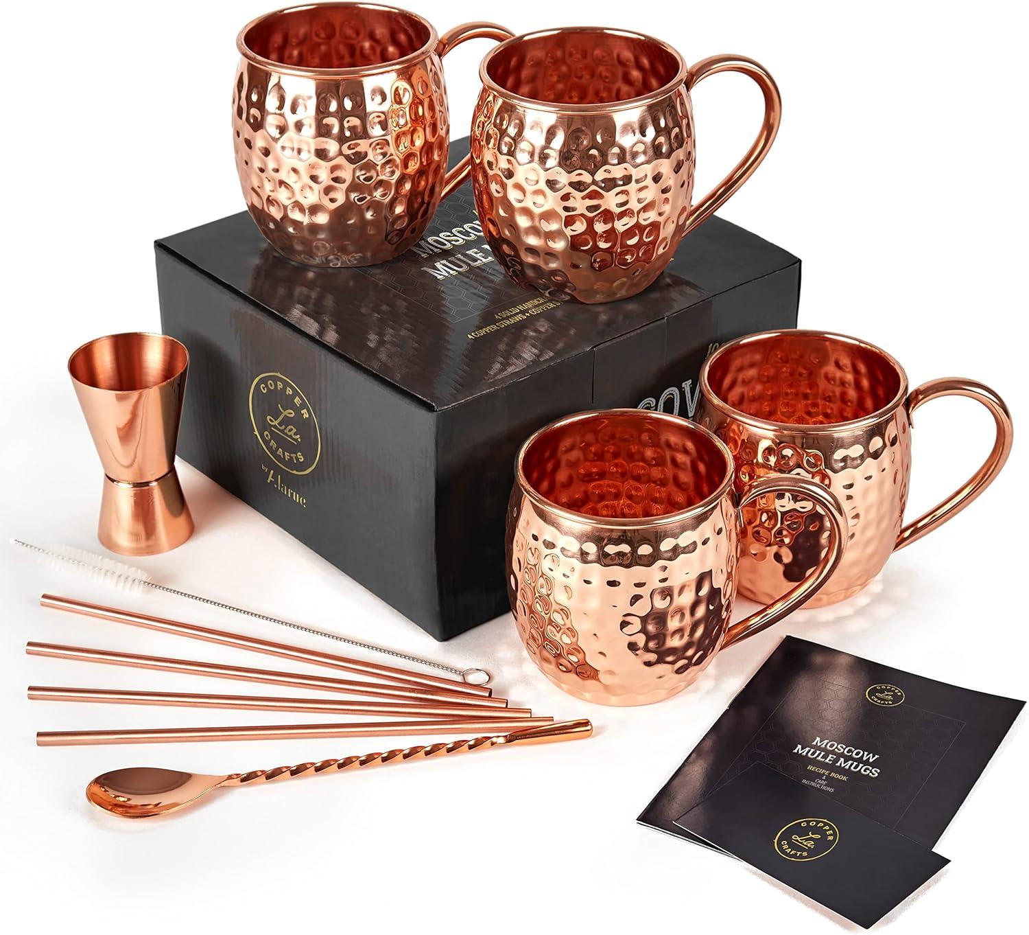 Handcrafted Copper Moscow Mule Mug Set with Straws and Jigger