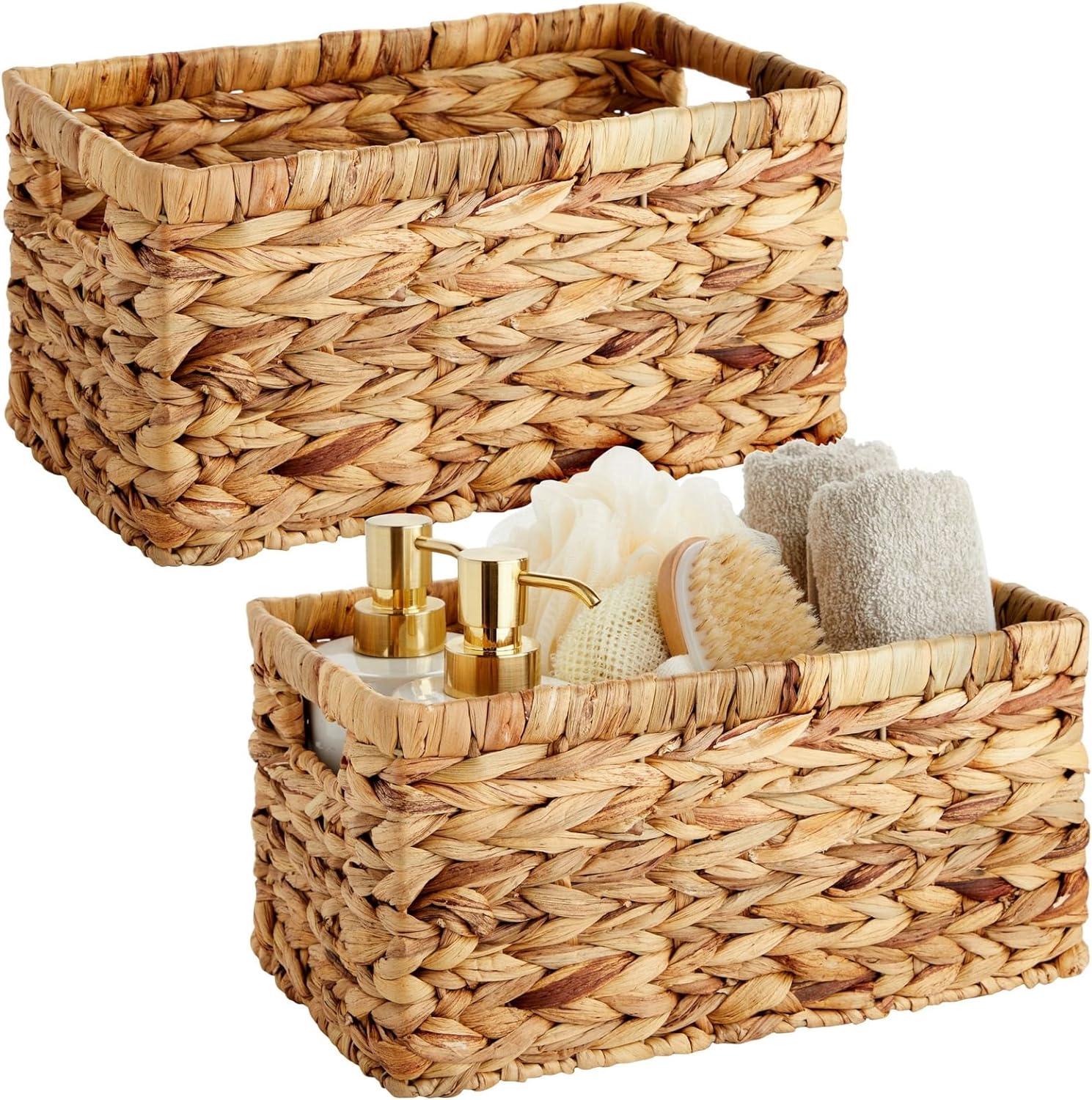 Juvale 2 Pack Small Rectangular Wicker Baskets for Shelves, 6 Inch Wide Hand Woven Water Hyacinth Baskets