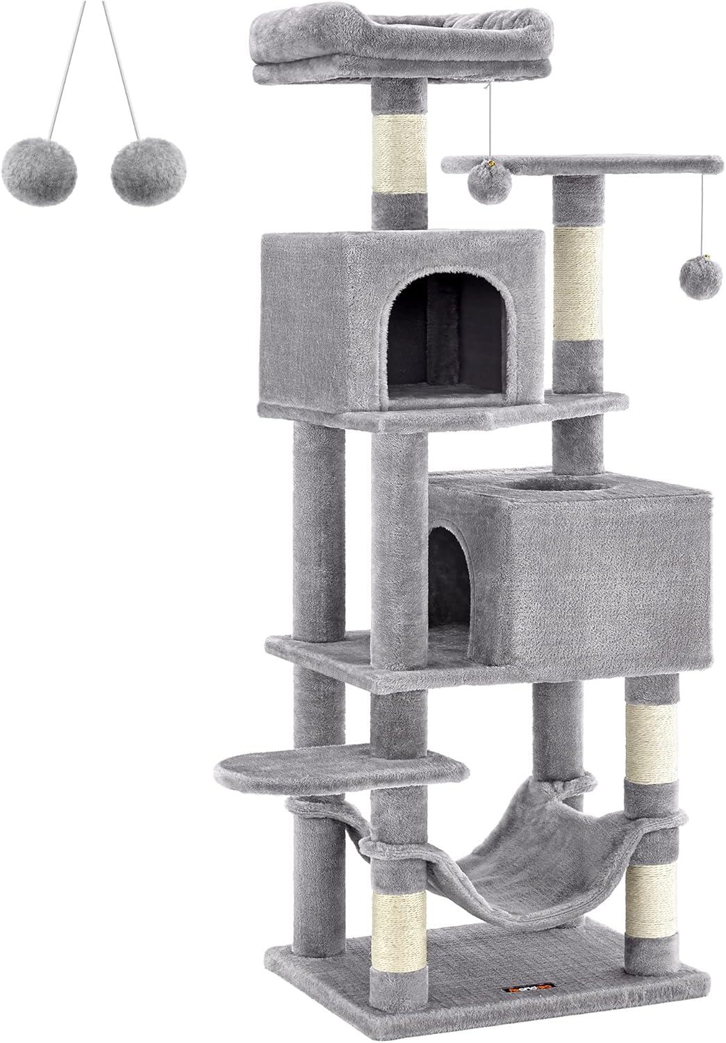 Feandrea 61"H Cat Tree Cat Tower for Indoor Cats, Plush Multi-Level Cat Condo with Scratching Posts, Perches, Caves, Hammock, Light Gray