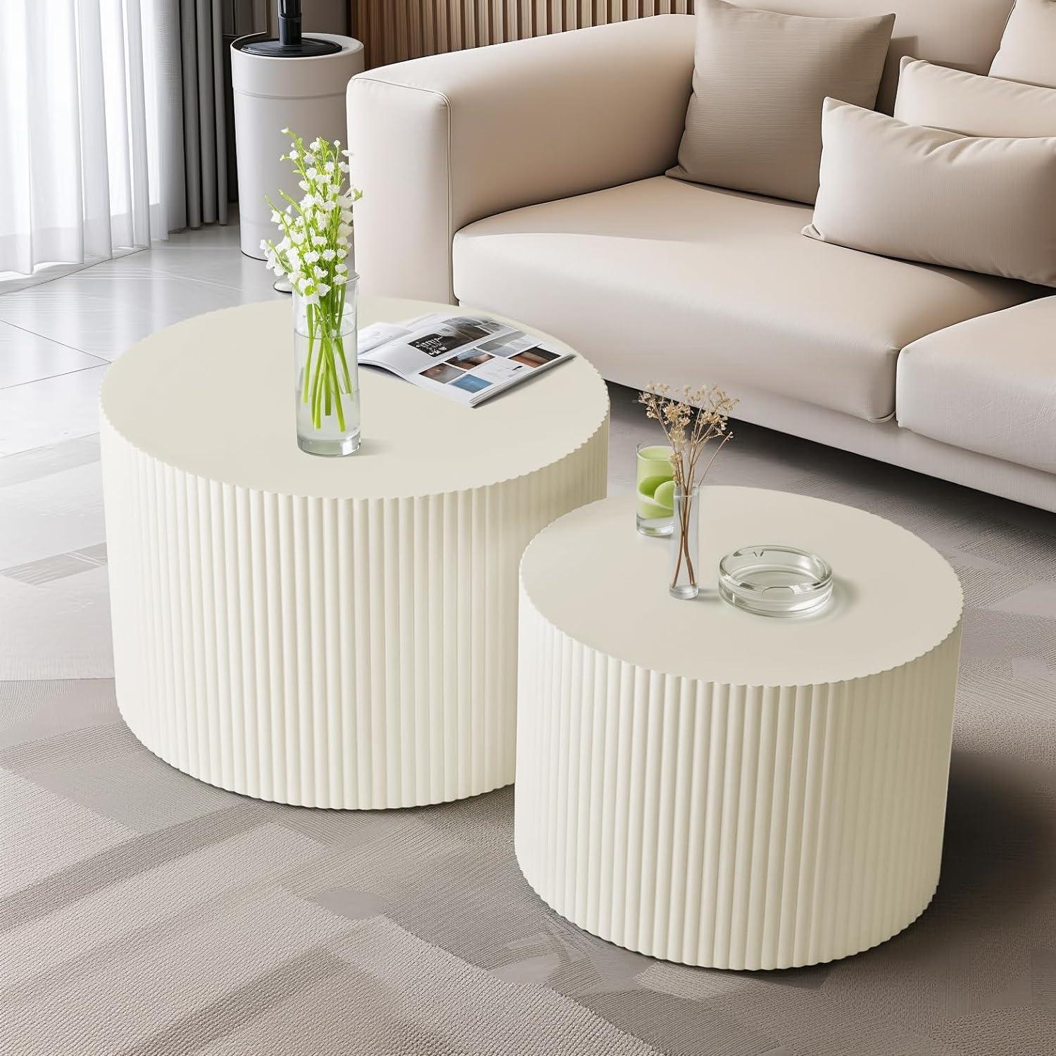 Beige Round Wave Stripe Nesting Coffee Table Set