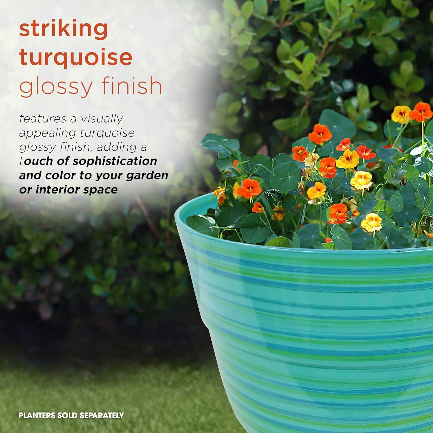 Alpine Corporation Glossy Striped Indoor Outdoor Planter with Drainage Hole Turquoise 13"x13"x11": Polypropylene, Freestanding