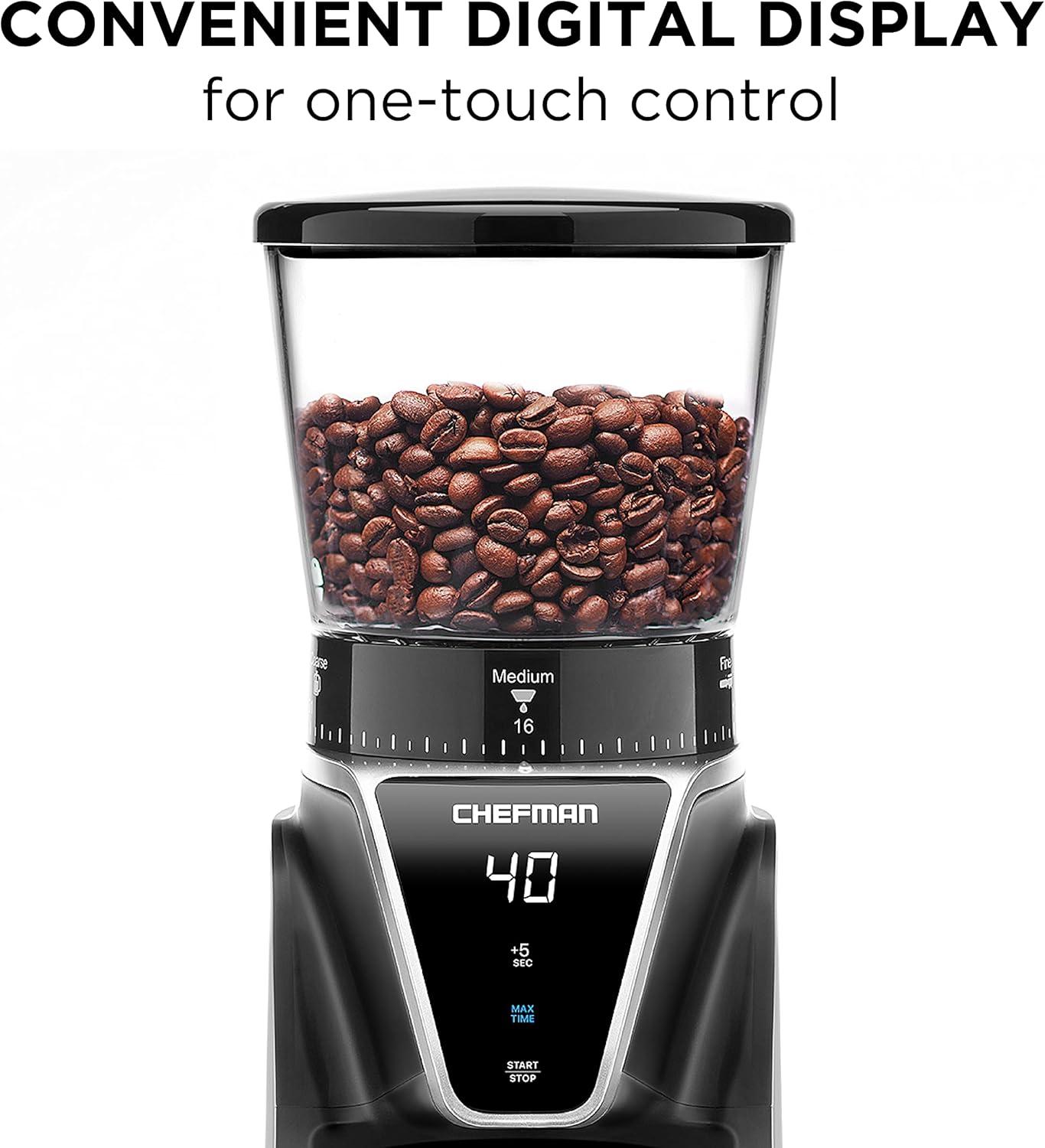 Chefman Conical Burr Precision Coffee Grinder, 9.7 oz. Bean Capacity, Black