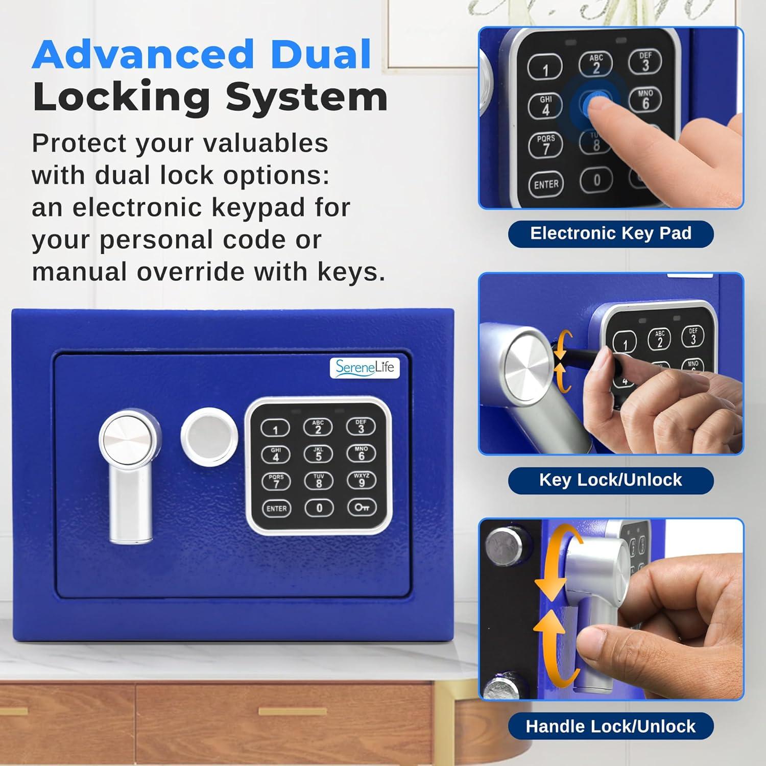 SereneLife Compact Electronic Safe Box with Digital Touch Pad - Blue