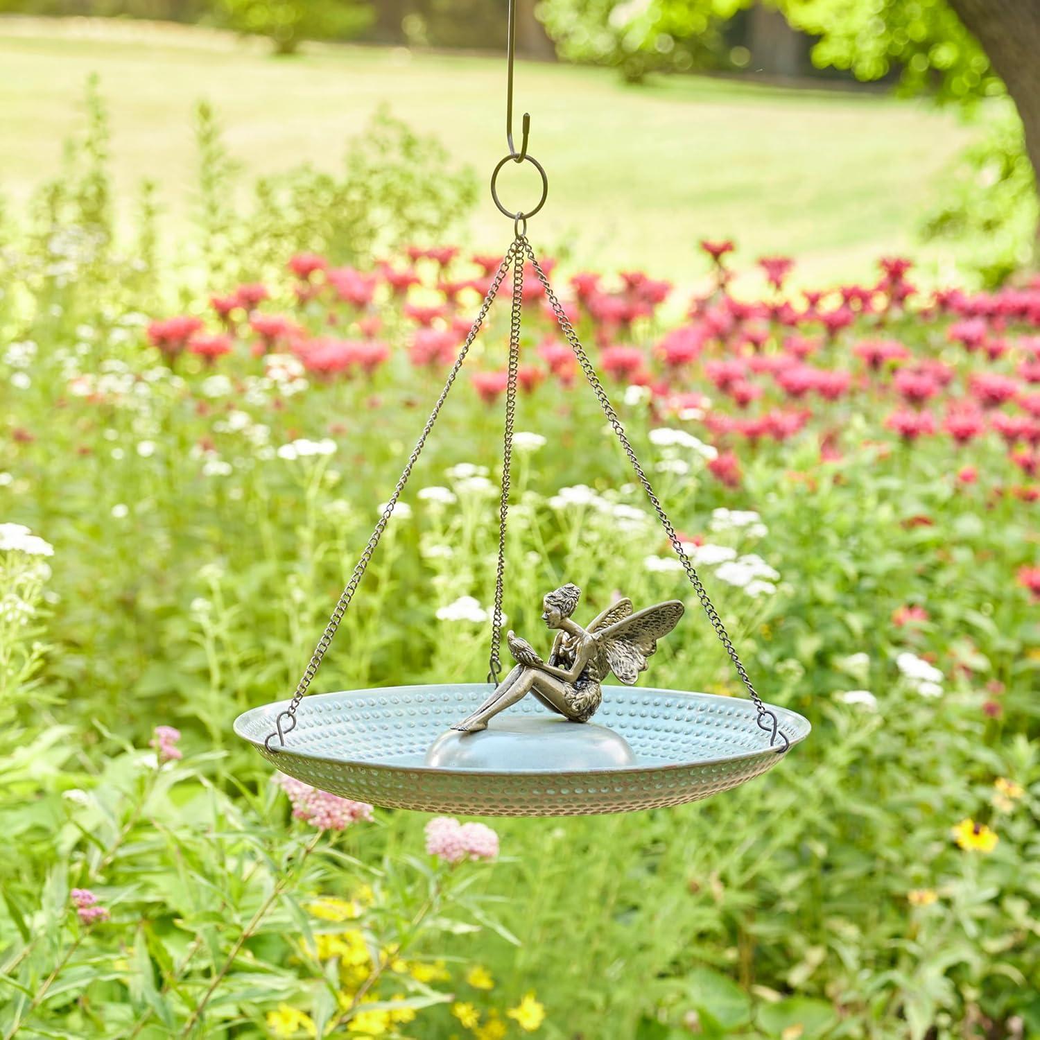 18" Hanging Blue Verde Copper Bird Bath with Fairy