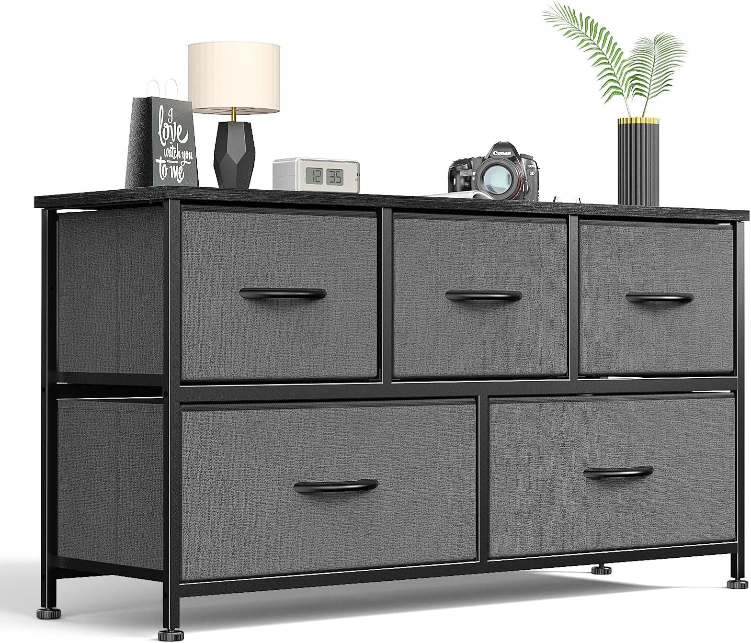 Dresser for Bedroom 5 Fabric Drawers Dresser Clothes Cabinet Storage Organizers and Wood Top Surface Table for TV, Chest of Drawers for Bedroom, Living Room, Hallway, Porch Organization