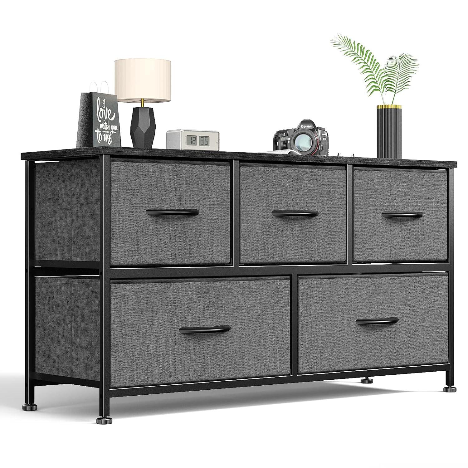 CONCETTA Dresser for Bedroom, 5 Fabric Drawers Dresser, Clothes Cabinet Storage Organizers and Wood Top Surface Table for TV, Chest of Drawers for Living Room, Hallway, Gray