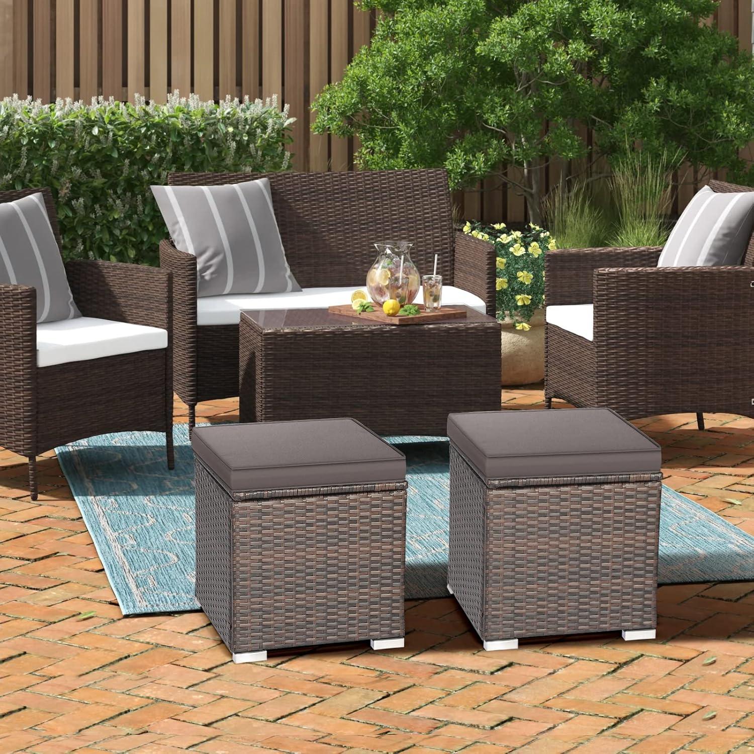 Gray Rattan Outdoor Storage Ottoman Set with Cushions