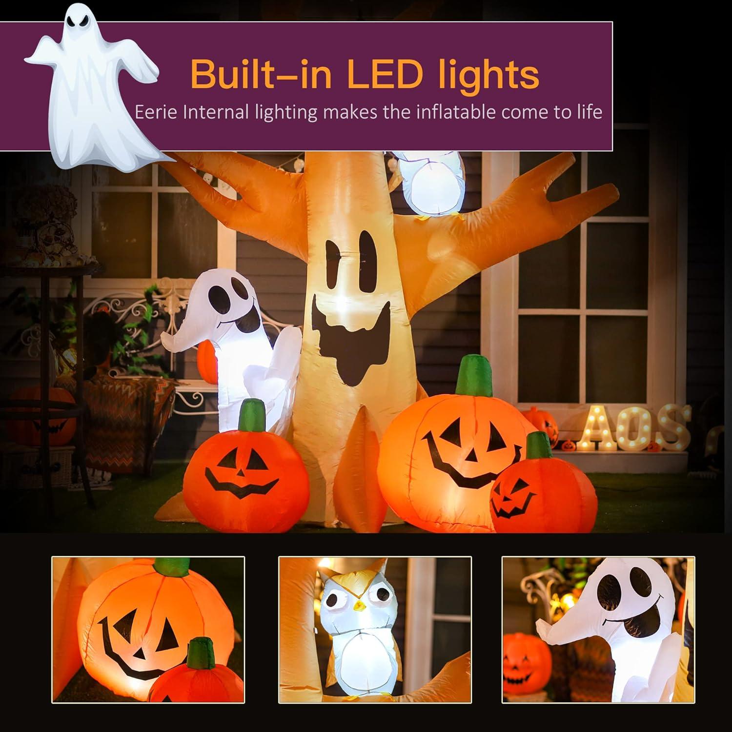 HOMCOM 7.5' Tall Lighted Inflatable Cute Halloween Decoration, Haunted Tree With Owl, Ghost, Pumpkins, Blow Up Outdoor LED Yard Display, Waterproof