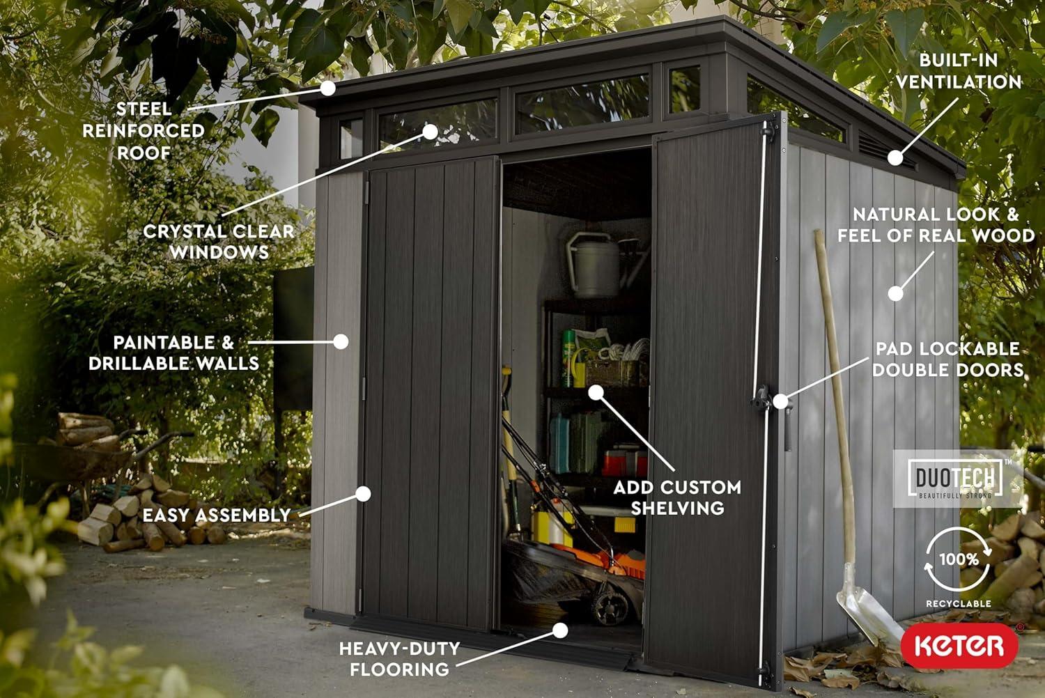 Keter Keter Artisan 7x7 ft. Modern Durable Resin Outdoor Storage Shed With Floor and Double Doors for Garden Patio Furniture and Tools, Grey