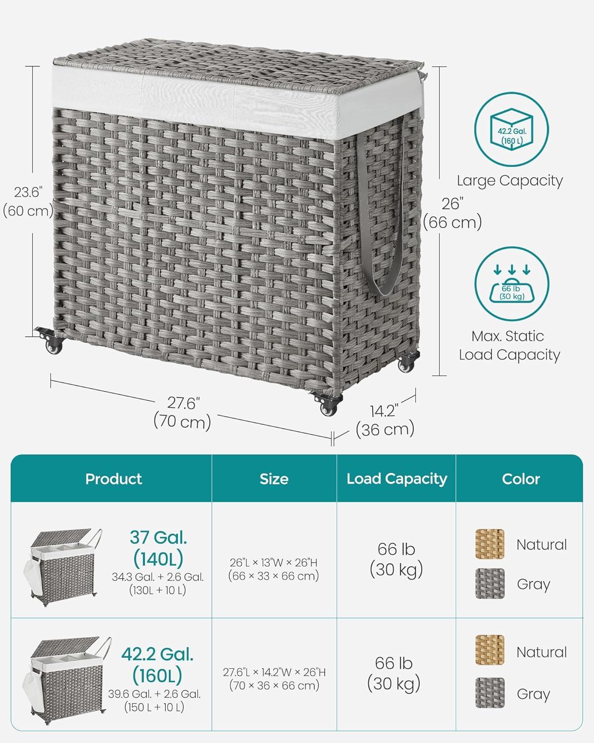 Gray Collapsible Rattan Laundry Hamper with Wheels and Lid