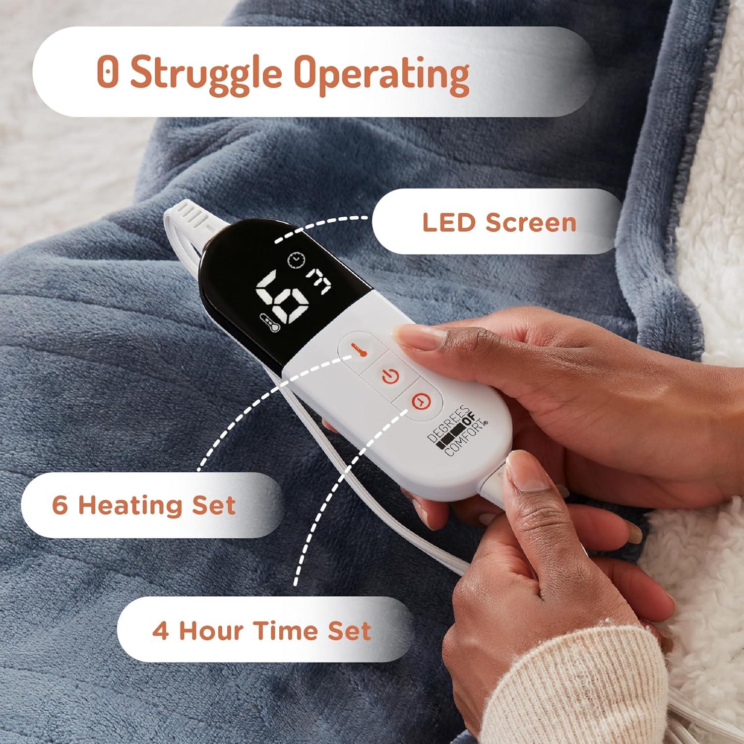 Degrees of Comfor Heated Throw Blanket - Soft Flannel Electric Throws with 6 Heat Settings and 4-Hour Auto Shut-Off - Warm Gifts for Grandma - Blue, 50x60'' - ETL Certified