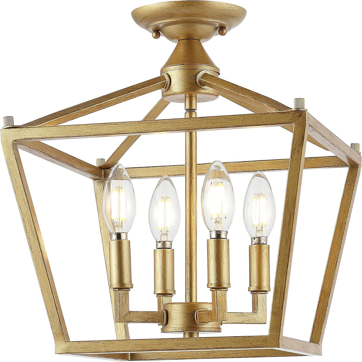 Plains Mini Lantern 12 in. 4-Light Brass Gold Iron Modern Farmhouse LED Flush Mount,