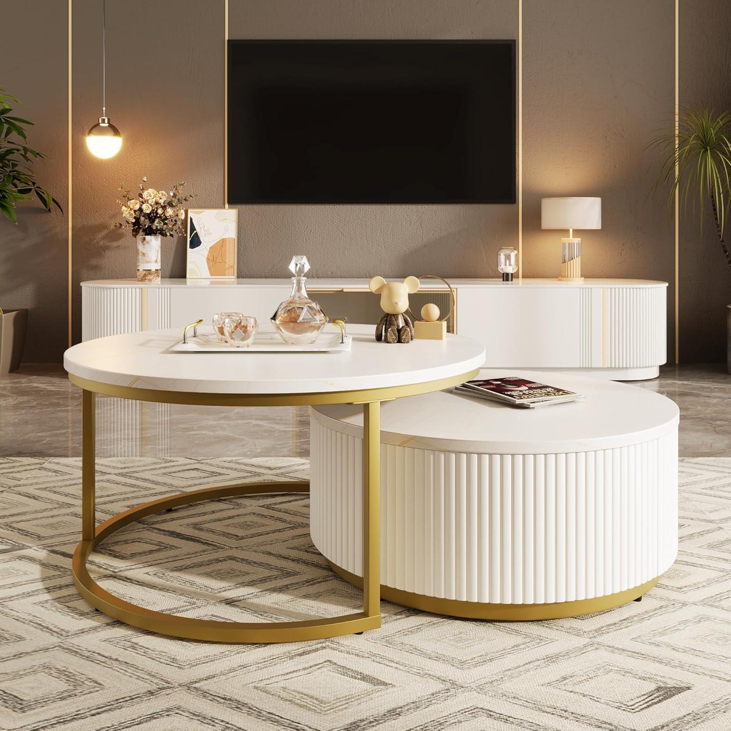 Modern Round Nesting Coffee Table Fluted with Drawer Multiple End Tables Utility Table Telephone Table for Living Room Office Bedroom Balcony, White & Gold