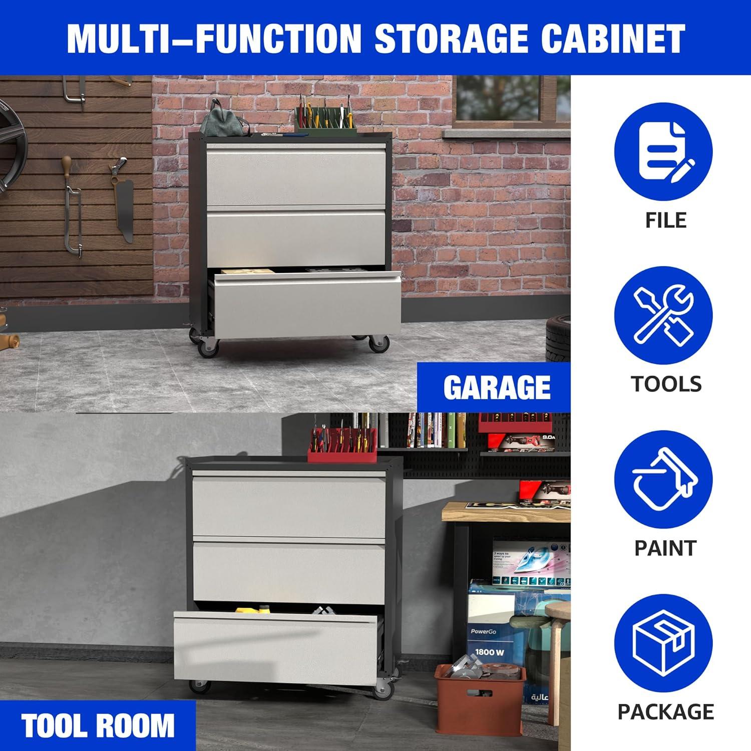 Aobabo Steel Black and Gray Rolling 3-Drawer Tool Cabinet