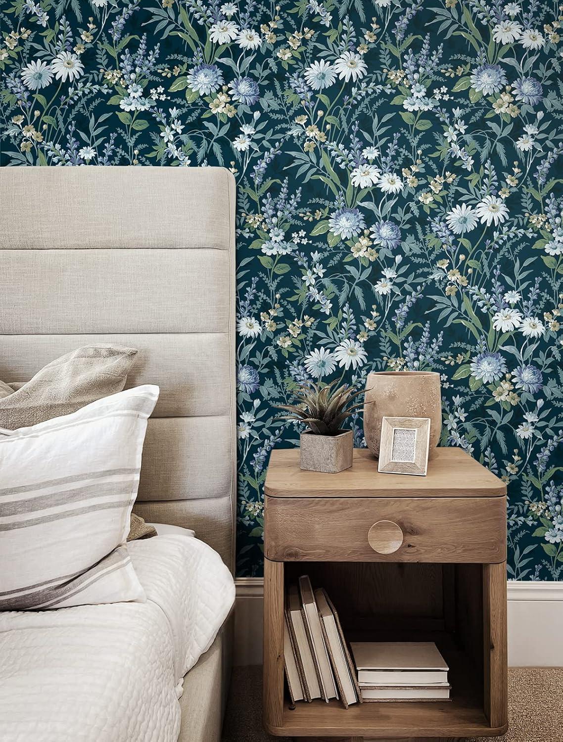 NextWall  Vintage Floral Peel and Stick Wallpaper 20.5 in. W x 18 ft. L - Teal