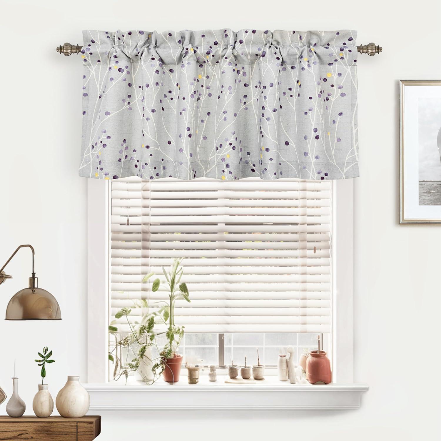 DriftAway Harper Floral Pattern Window Treatment Valance, Rod Pocket, 50"x18"+2" Header (Levender/Gray)