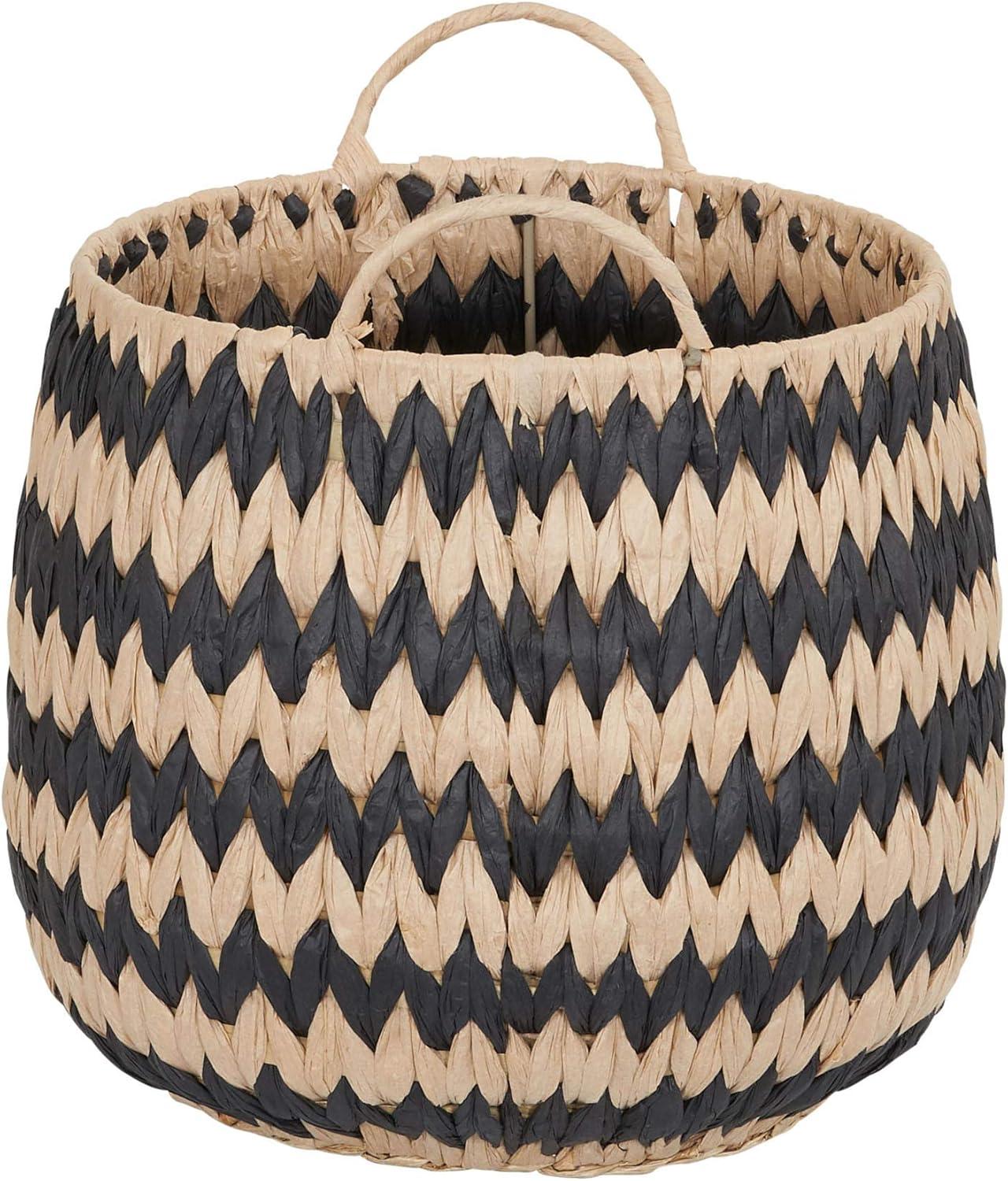 Household Essentials Set of 2 Flame Stitch Baskets Cattail and Paper Fibers: Handwoven Round Black Decorative Storage